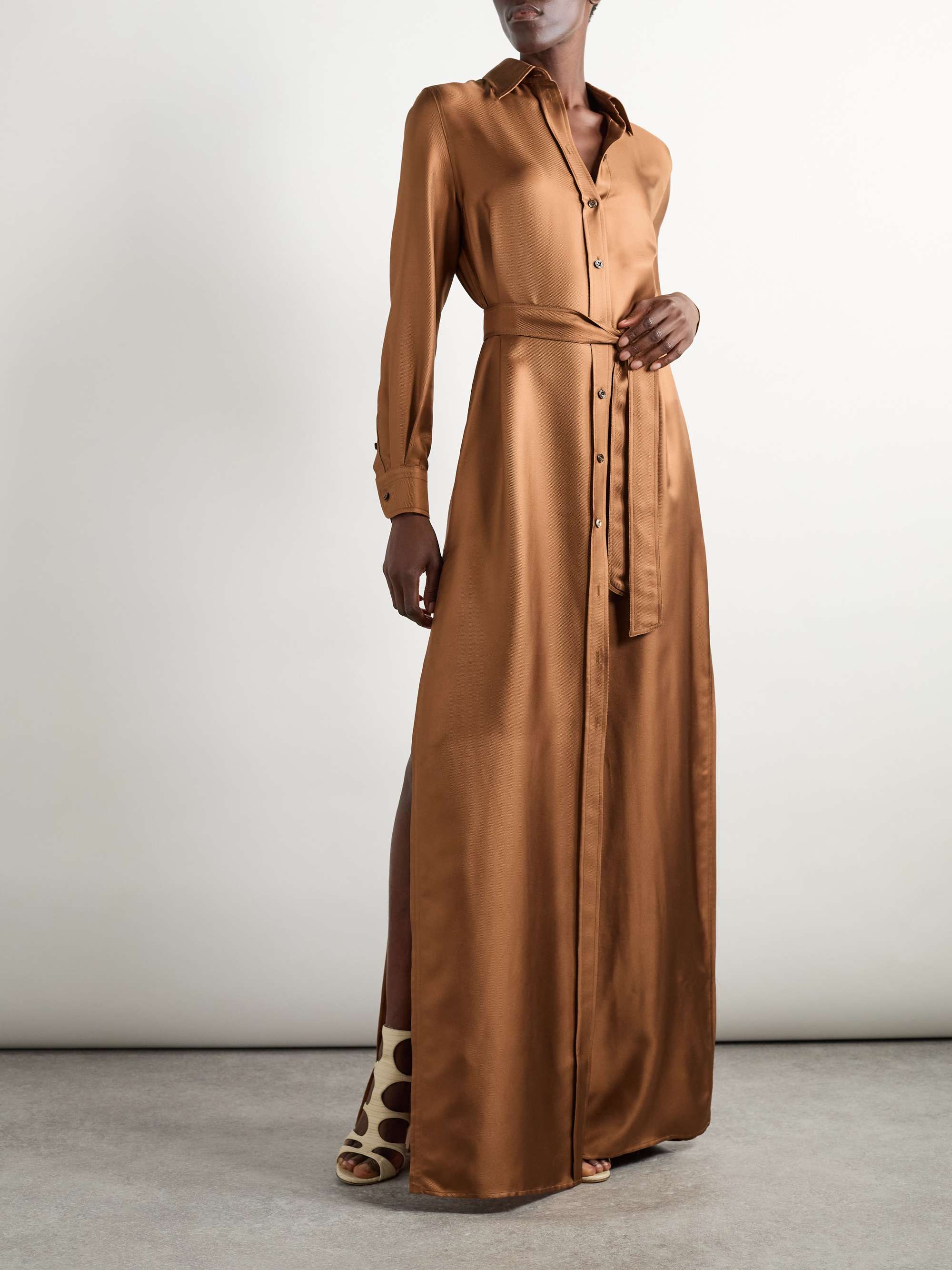 Belted silk-twill maxi shirt dress view