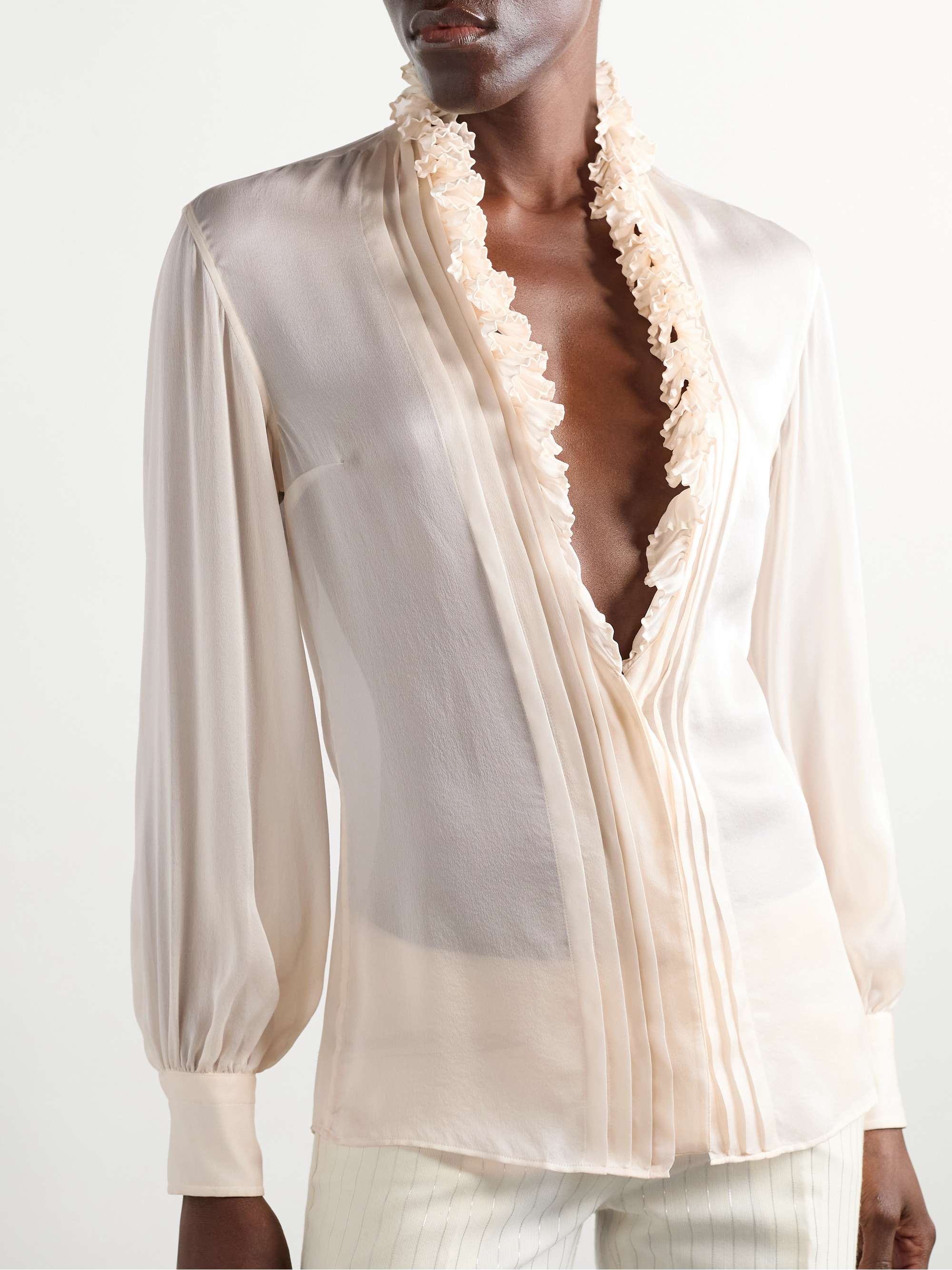 Ruffled pintucked silk-georgette blouse view