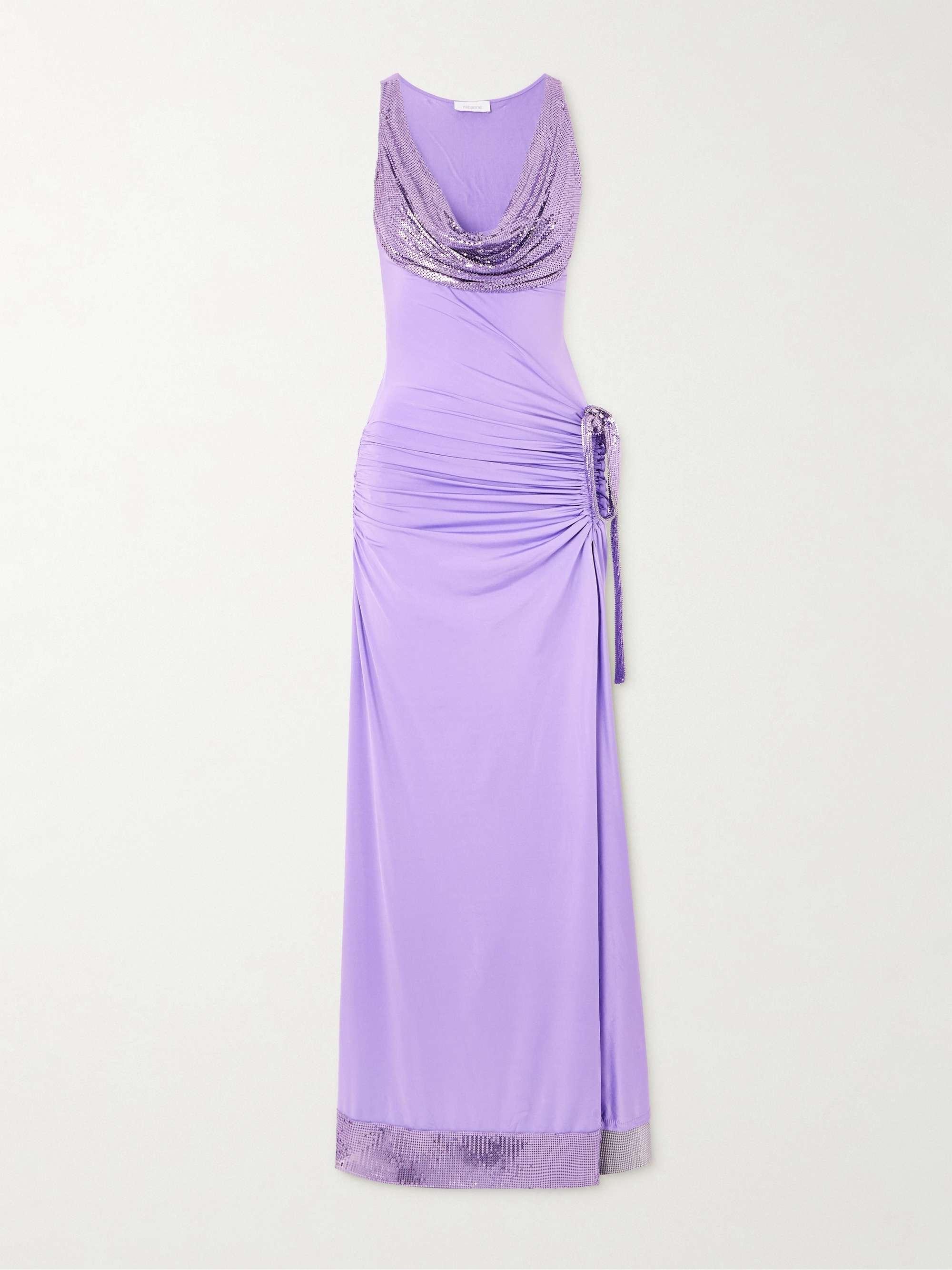 Chainmail-trimmed ruched satin-jersey maxi dress view