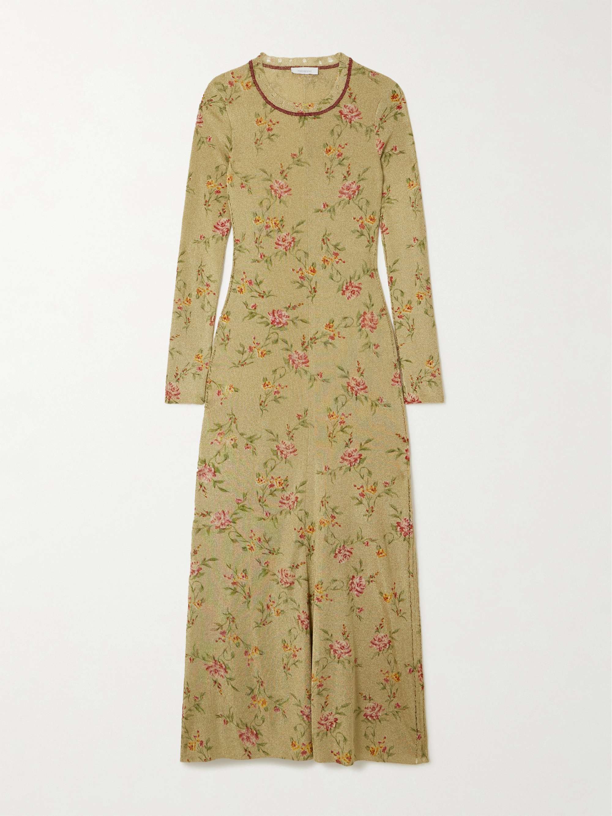 Distressed floral-print metallic knitted maxi dress view