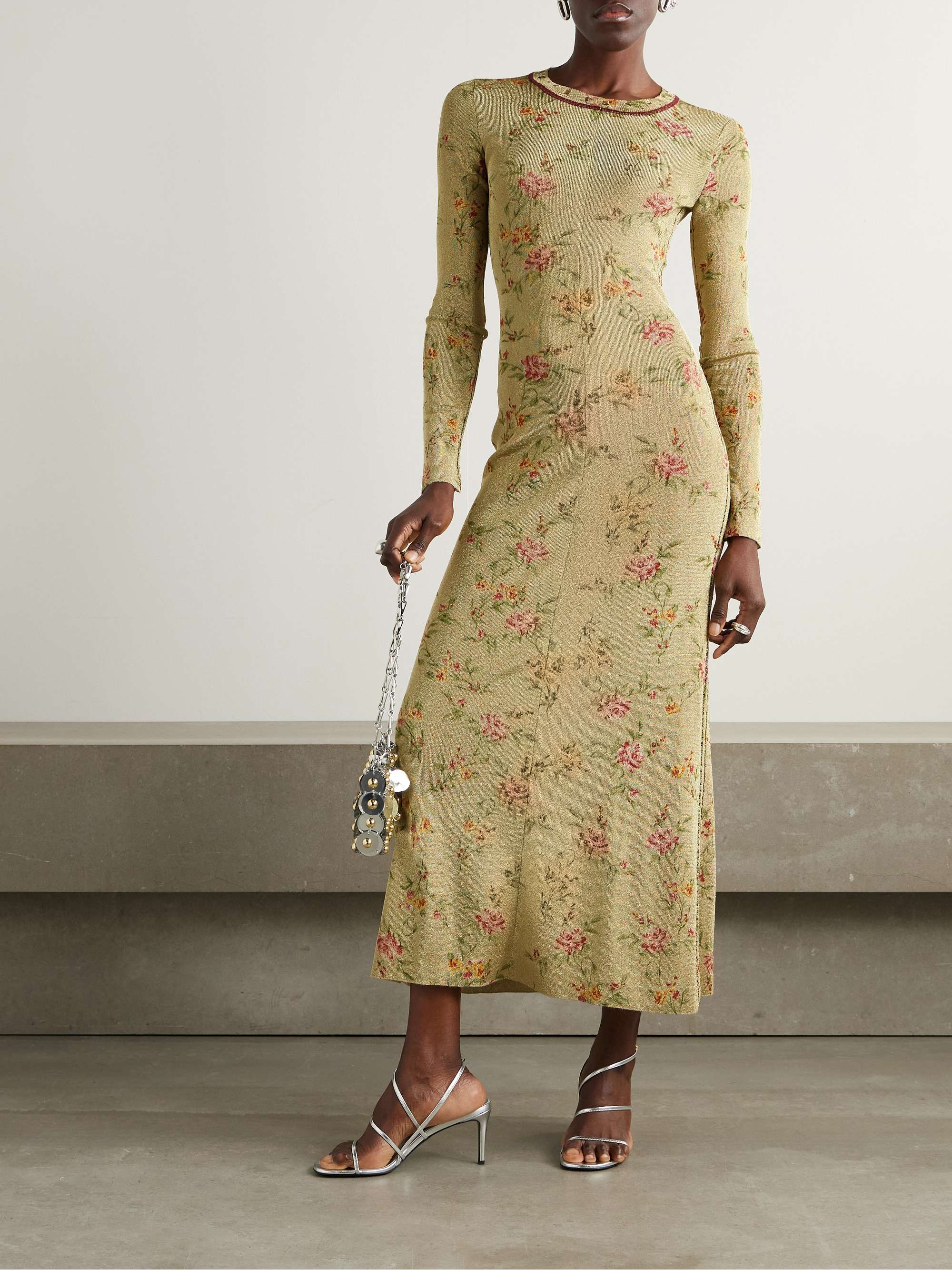 Distressed floral-print metallic knitted maxi dress view