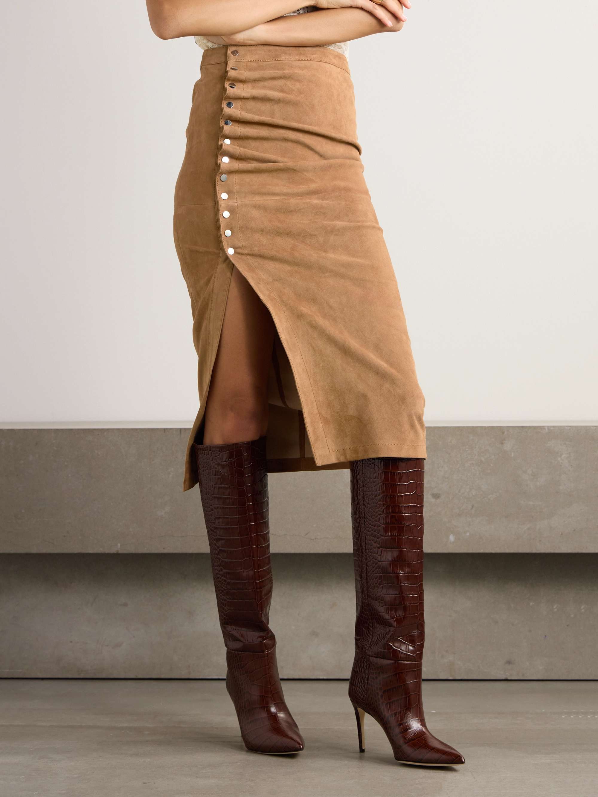 Asymmetric gathered suede midi skirt view
