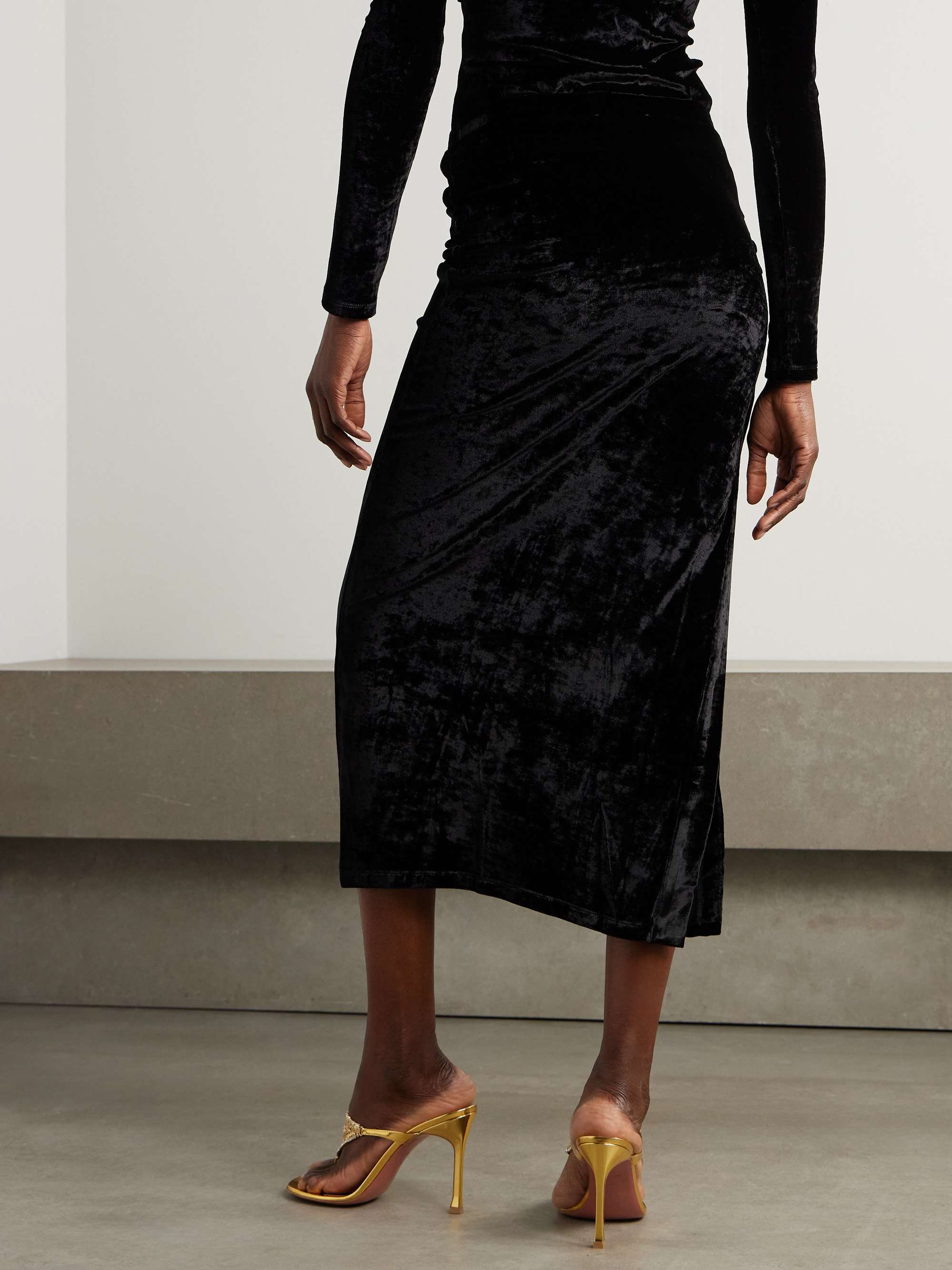 Embellished ruched velvet midi skirt view