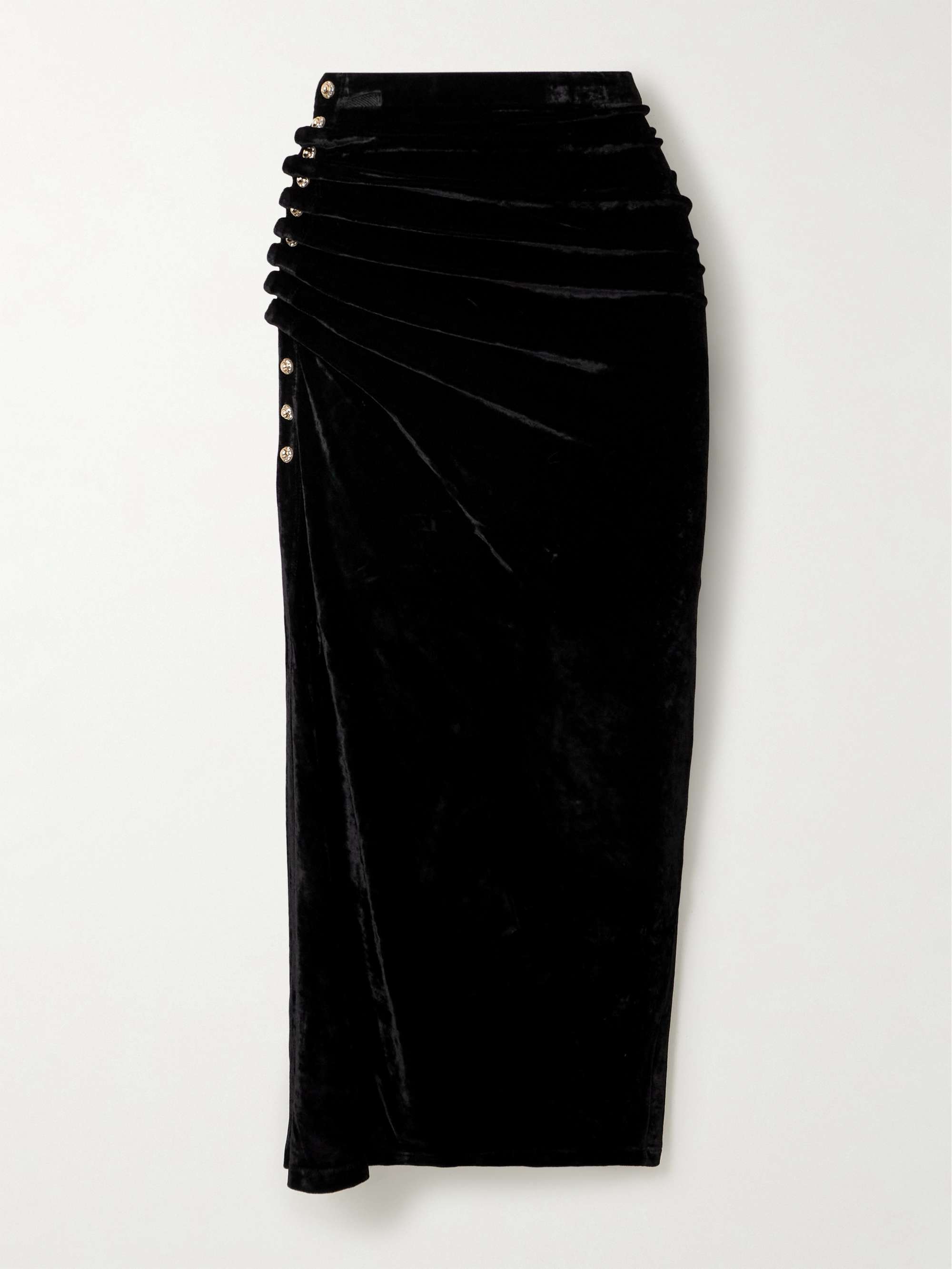 Embellished ruched velvet midi skirt view