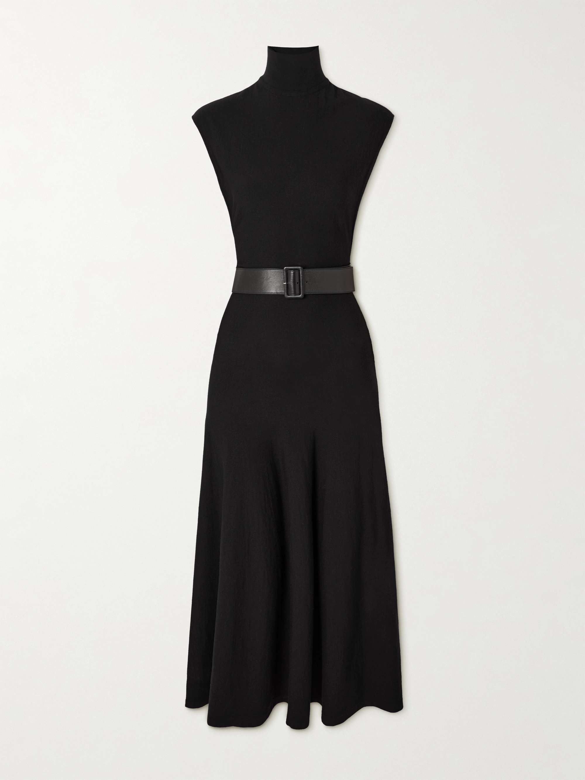 Belted leather-trimmed wool-blend turtleneck midi dress view