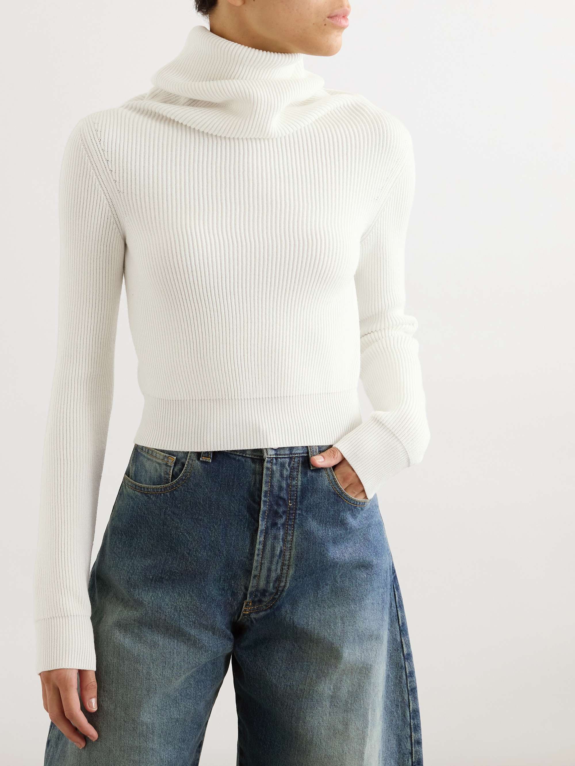 Hooded cropped ribbed wool-blend sweater view