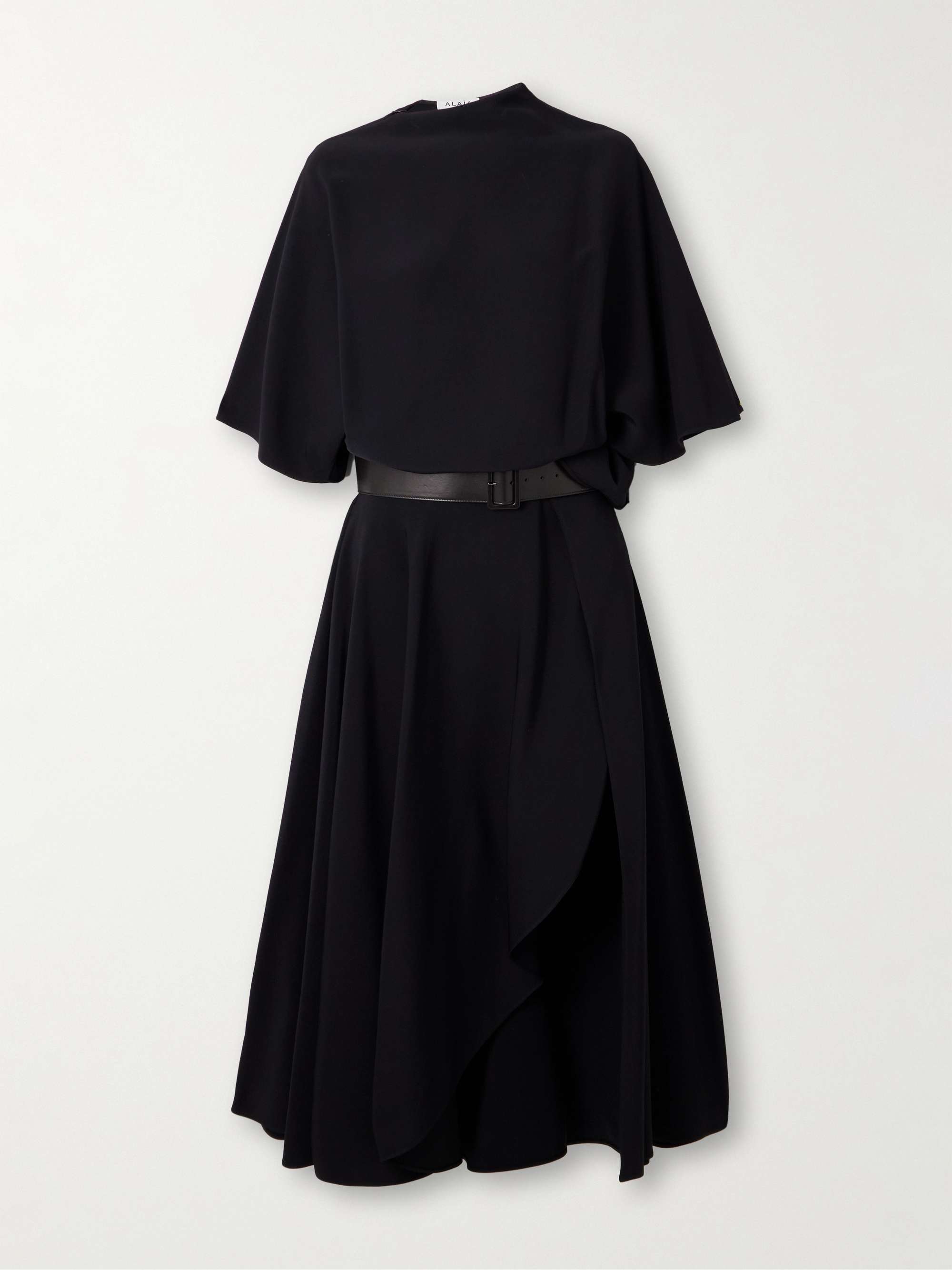 Asymmetric draped leather-trimmed cady midi dress view