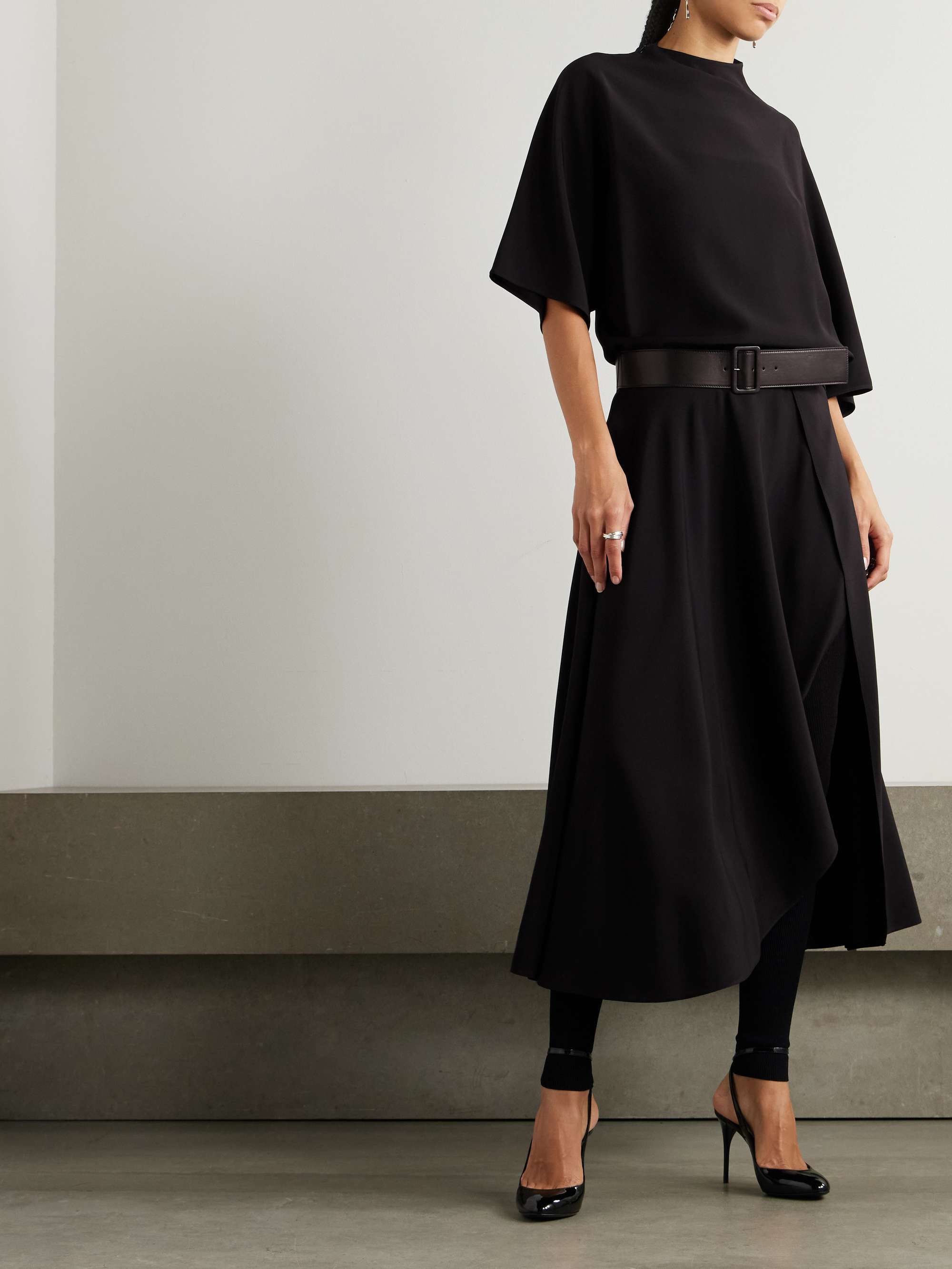 Asymmetric draped leather-trimmed cady midi dress view