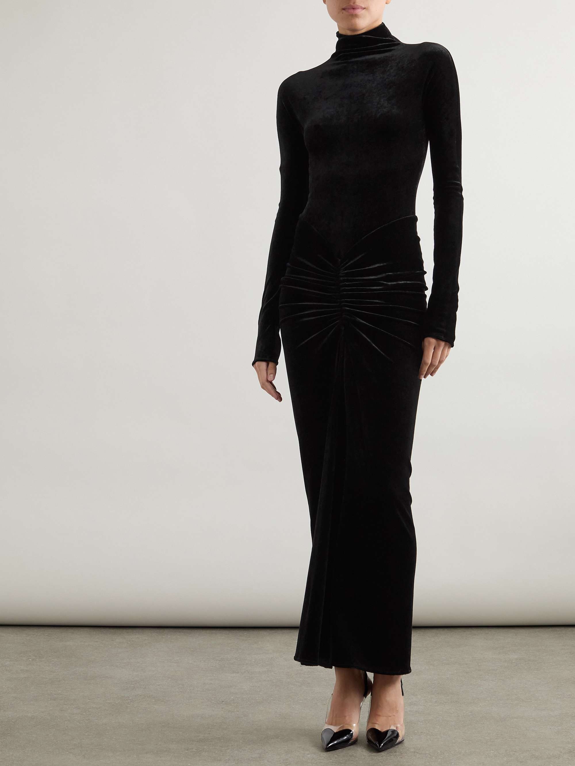 Ruched crushed-velvet turtleneck midi dress view