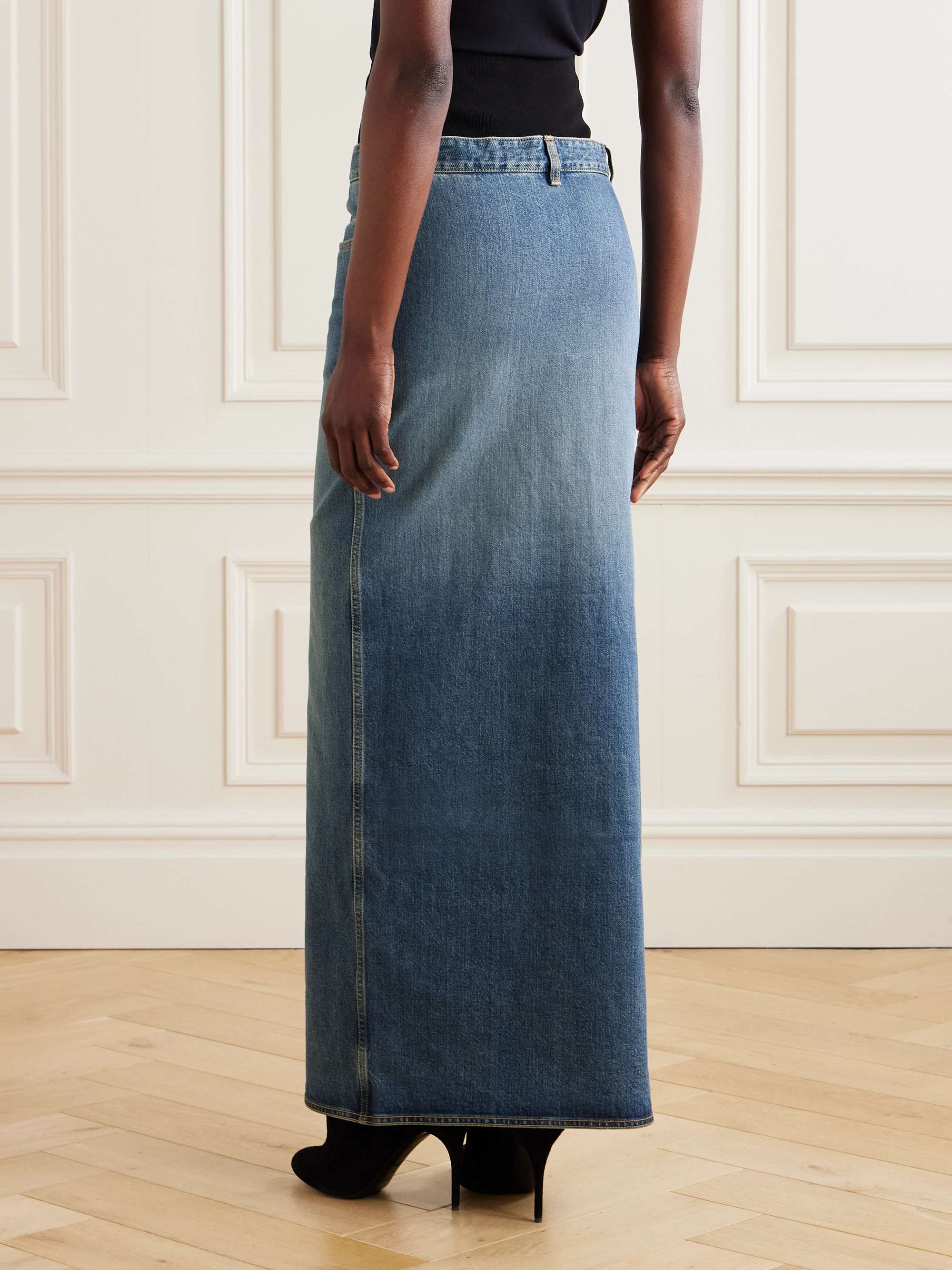 Layered jersey-trimmed denim maxi skirt view