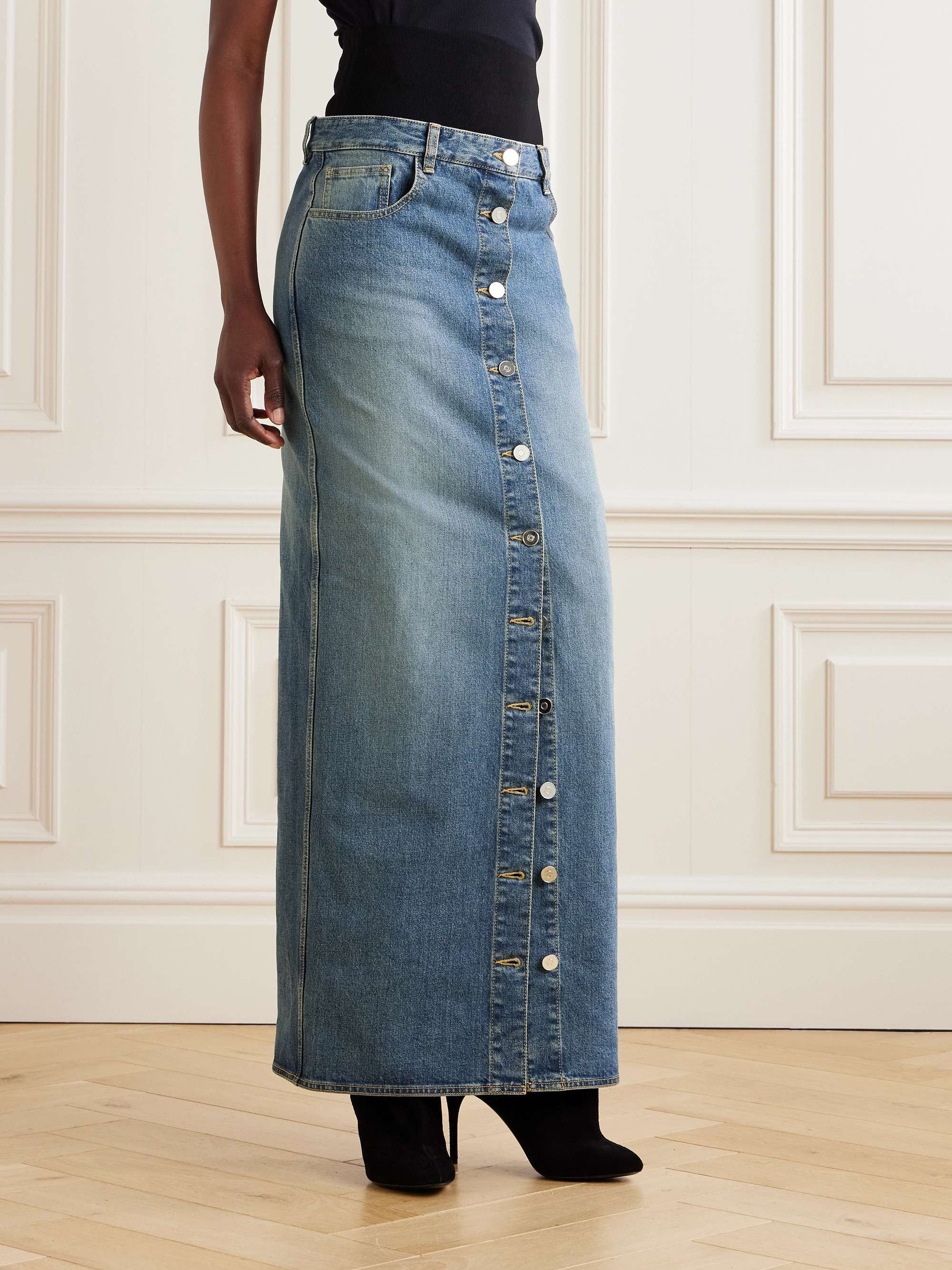 Layered jersey-trimmed denim maxi skirt view