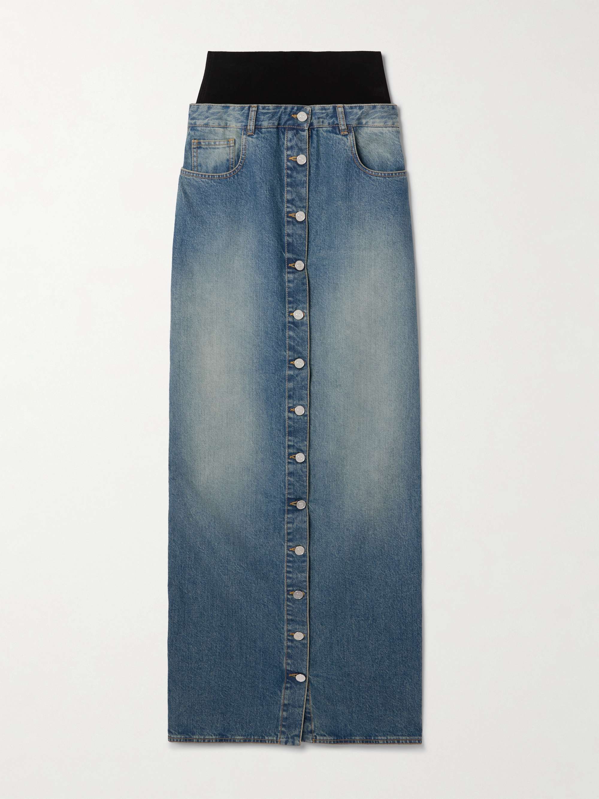 Layered jersey-trimmed denim maxi skirt view