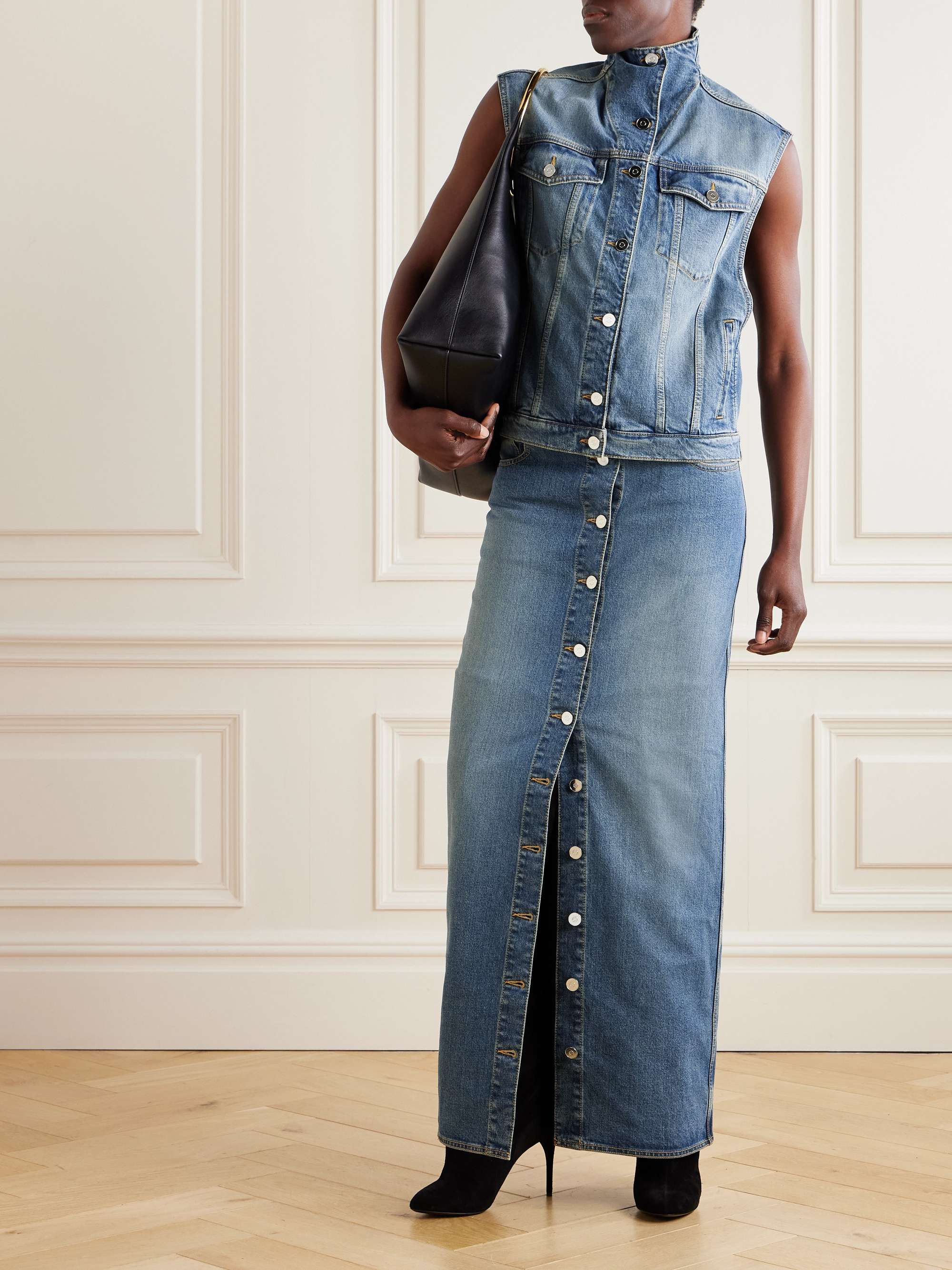 Layered jersey-trimmed denim maxi skirt view