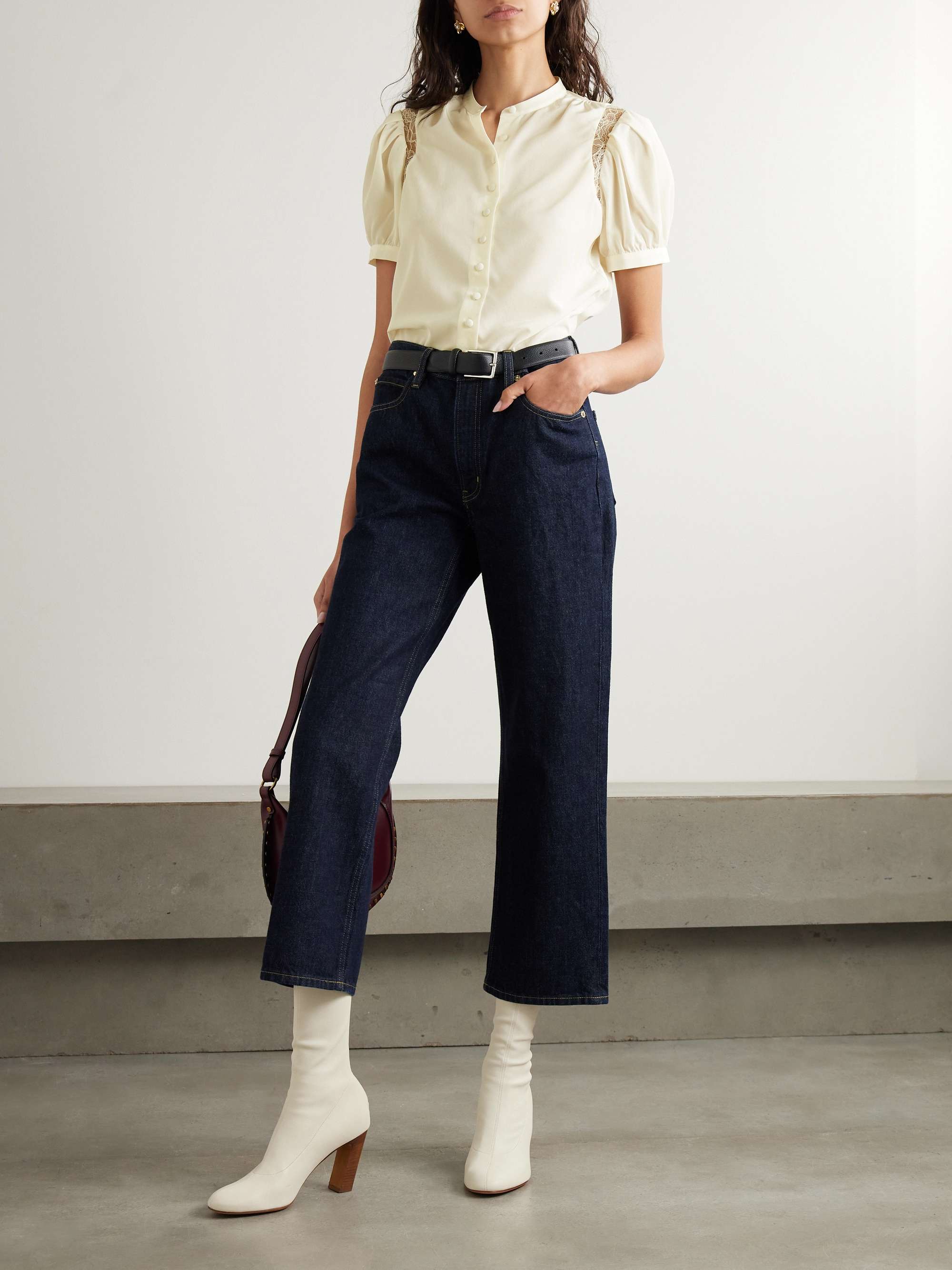 Ruched lace-trimmed silk crepe de chine blouse view