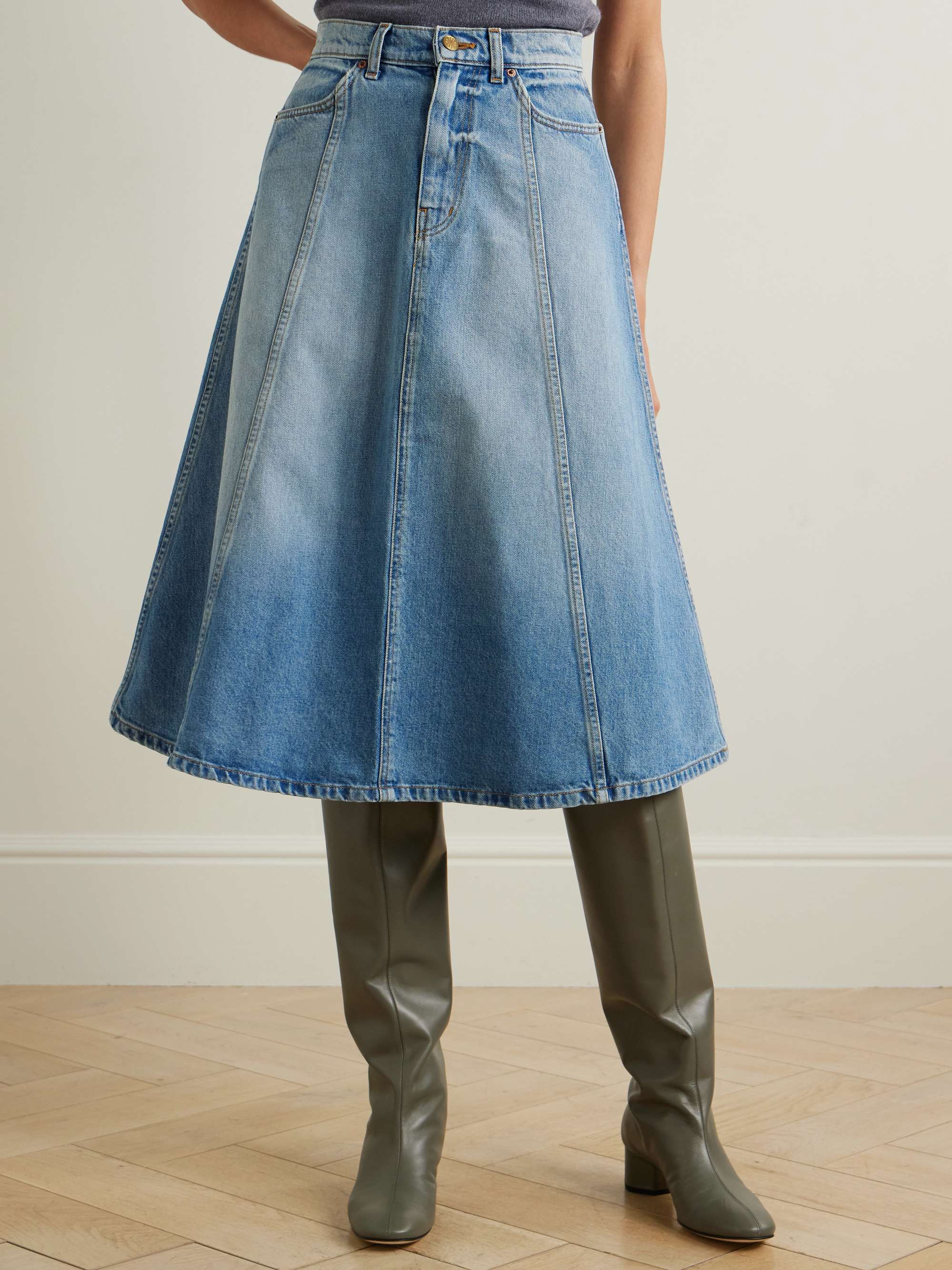 Simone paneled upcycled denim midi skirt view