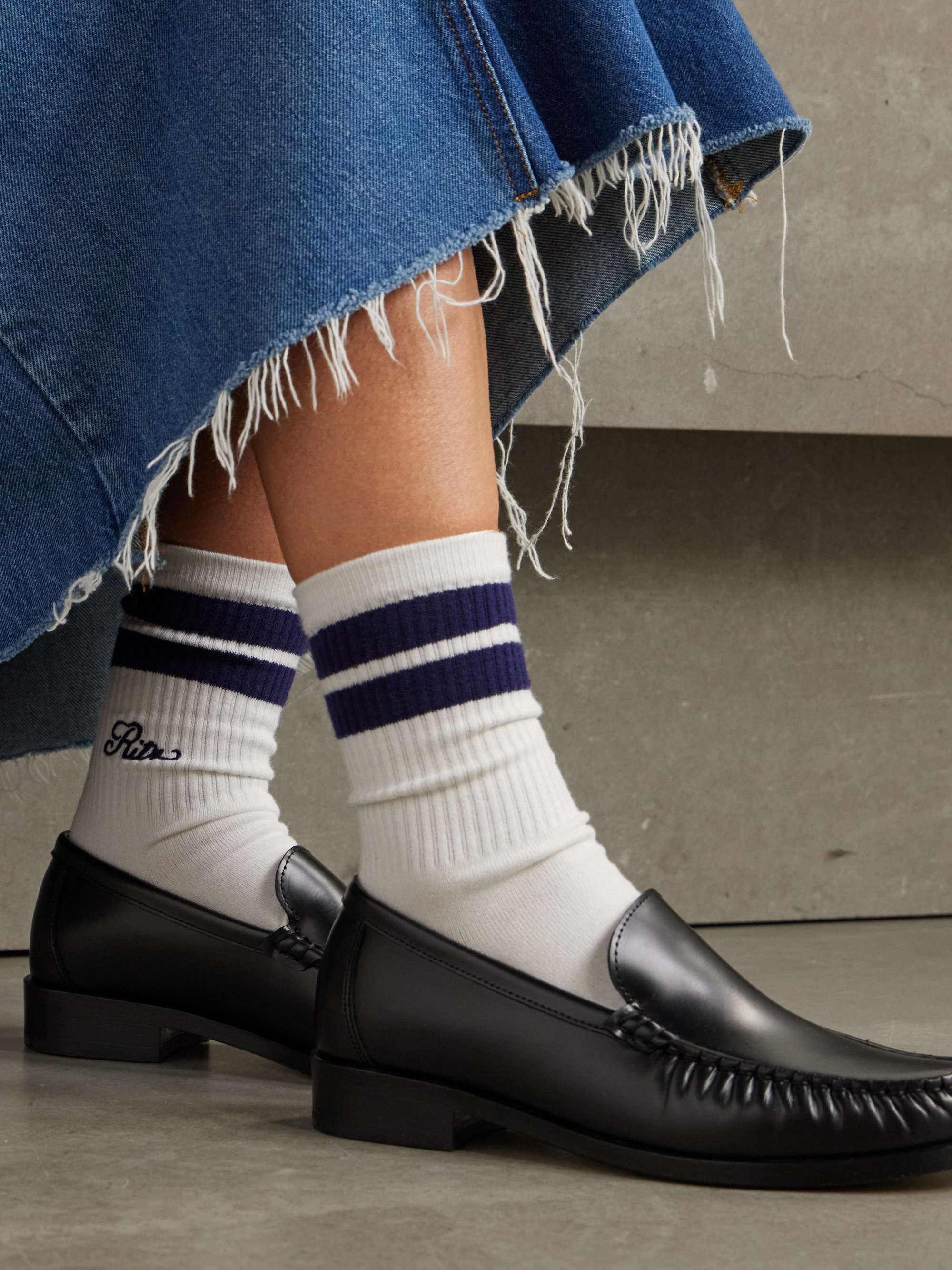 + Ritz Paris embroidered striped ribbed cotton-blend socks view