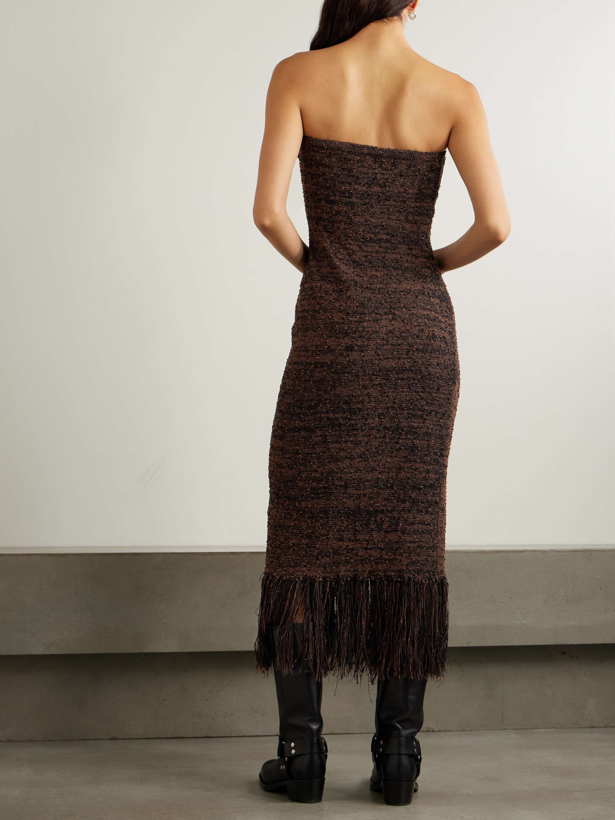 Strapless fringed bouclé midi dress view