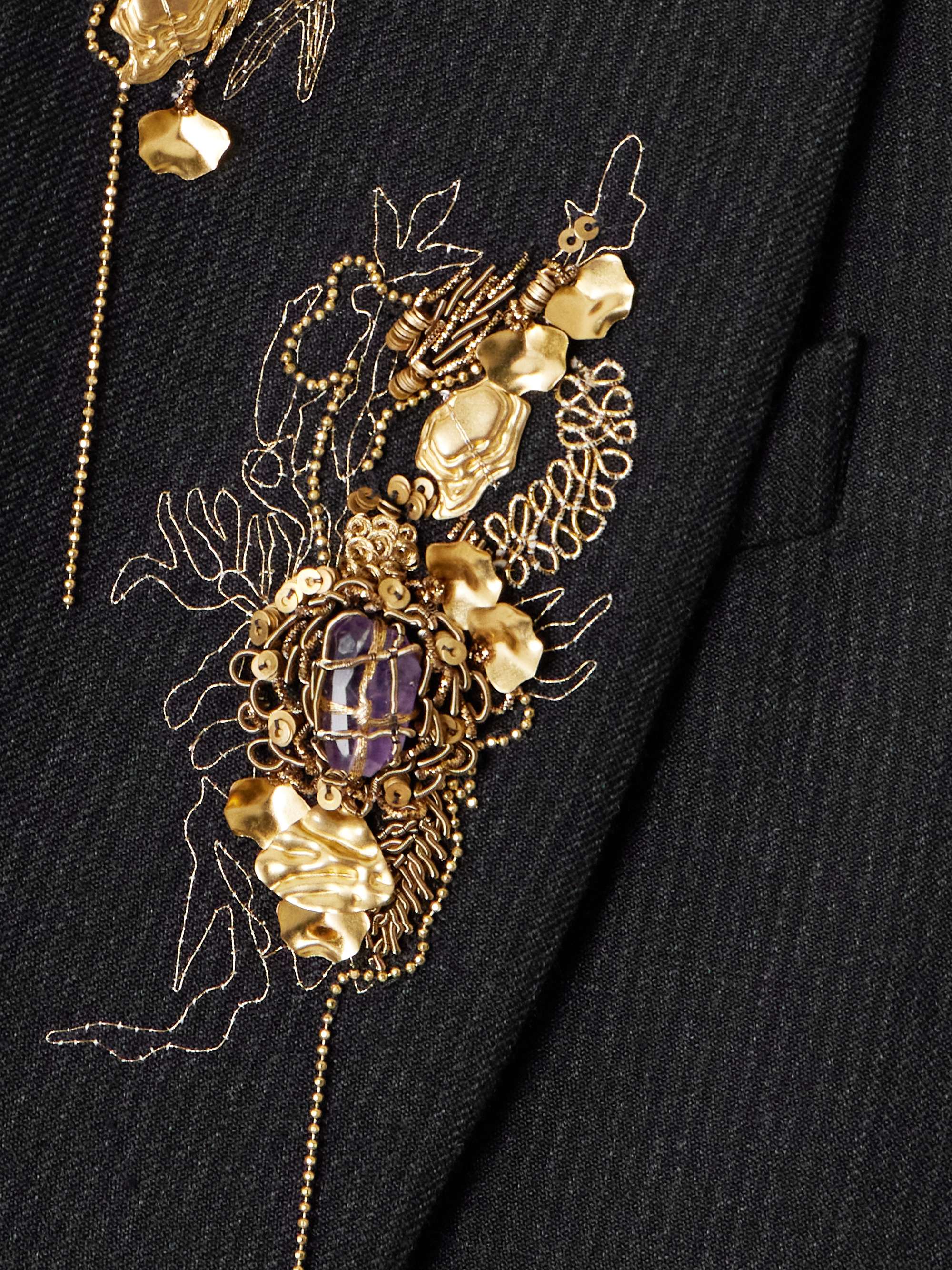 Double-breasted embellished striped wool and linen-blend coat view