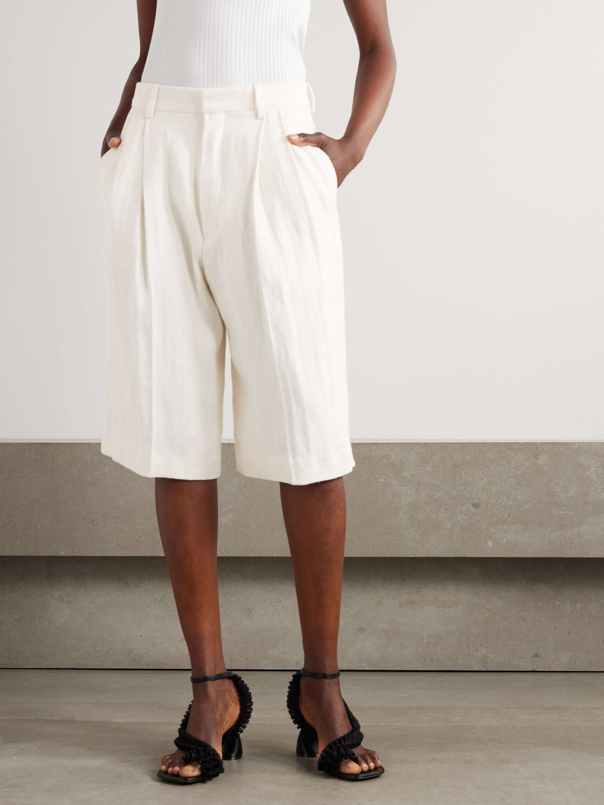 Pleated herringbone linen shorts view
