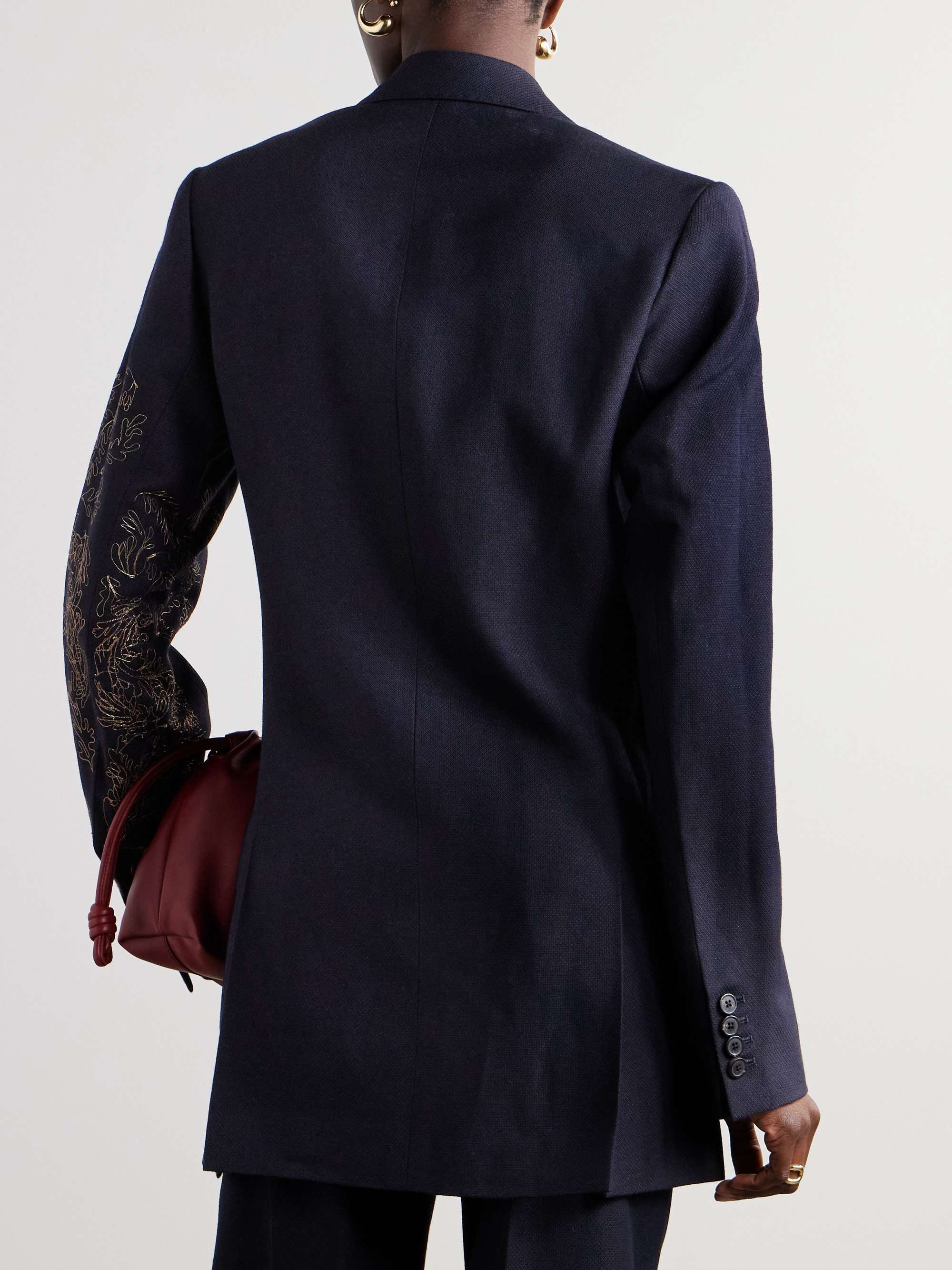 Double-breasted embellished wool and linen-blend blazer view