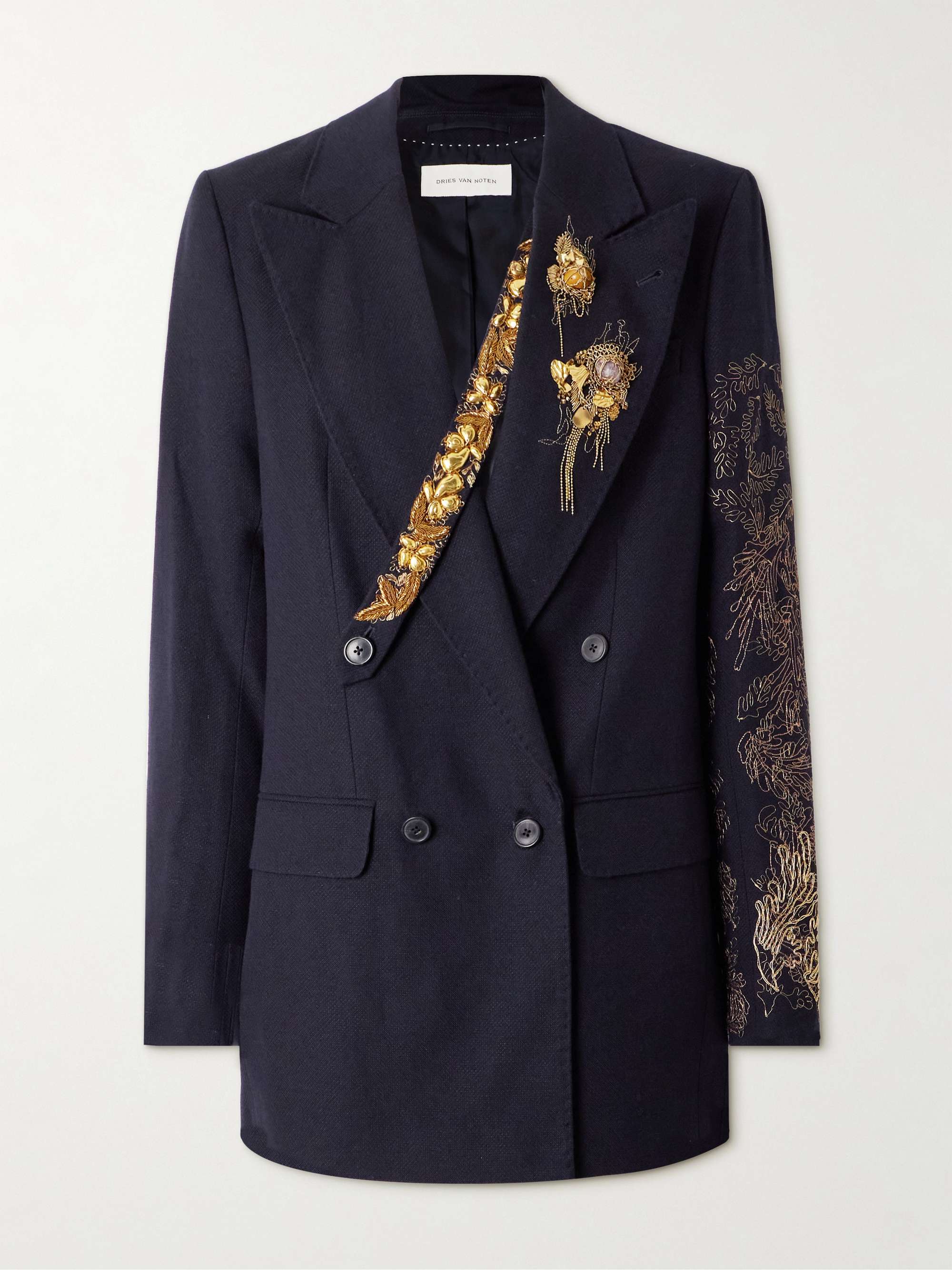 Double-breasted embellished wool and linen-blend blazer view