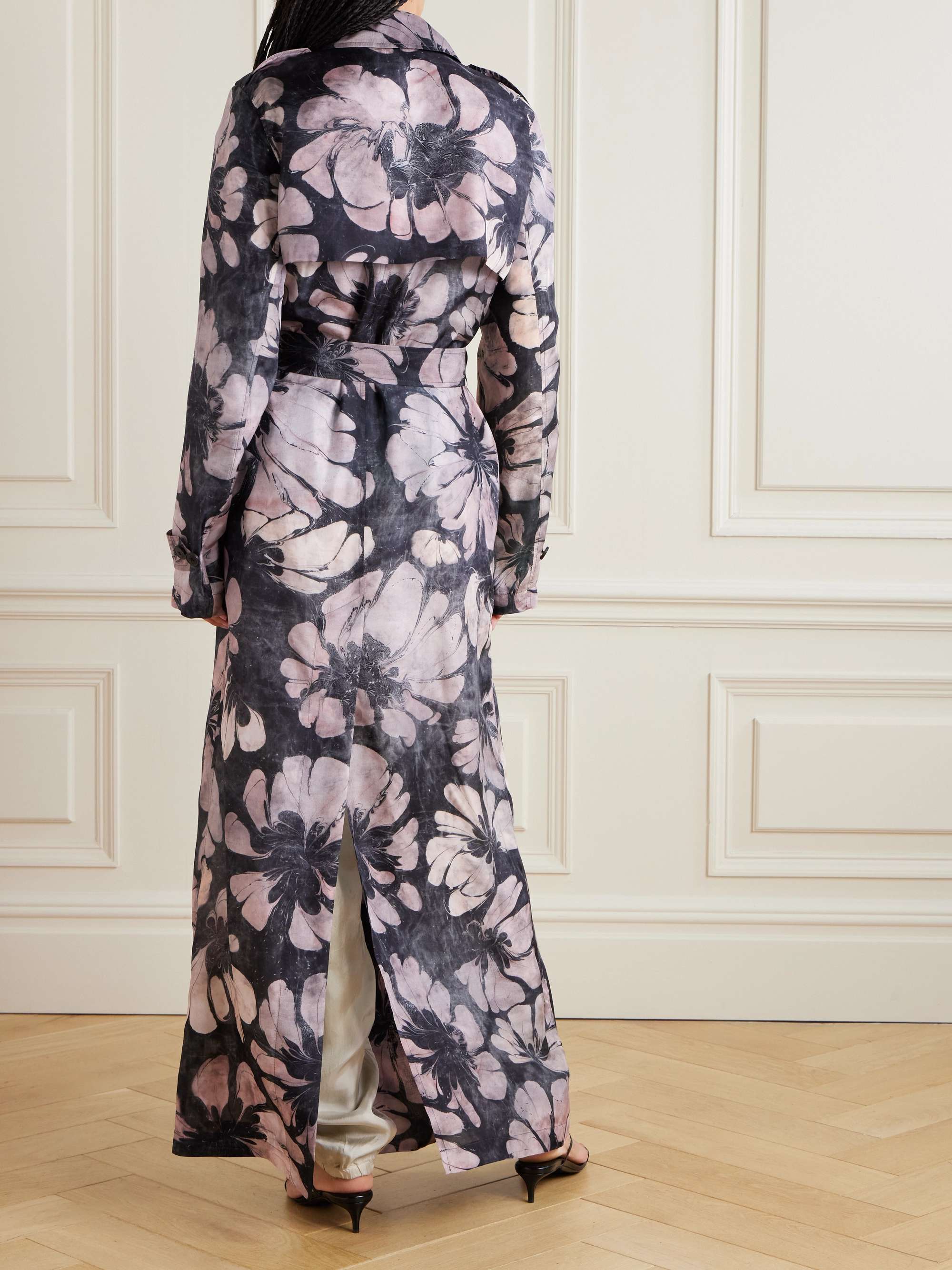 Double-breasted floral-print silk trench coat view