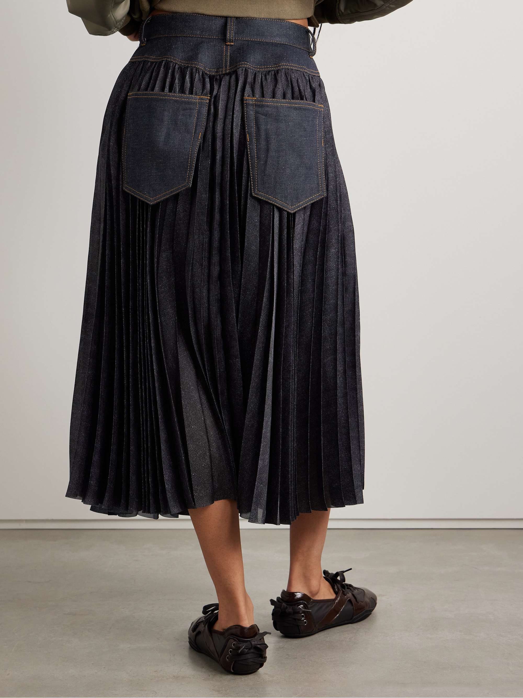 Denim-trimmed pleated printed crepe de chine midi wrap skirt view