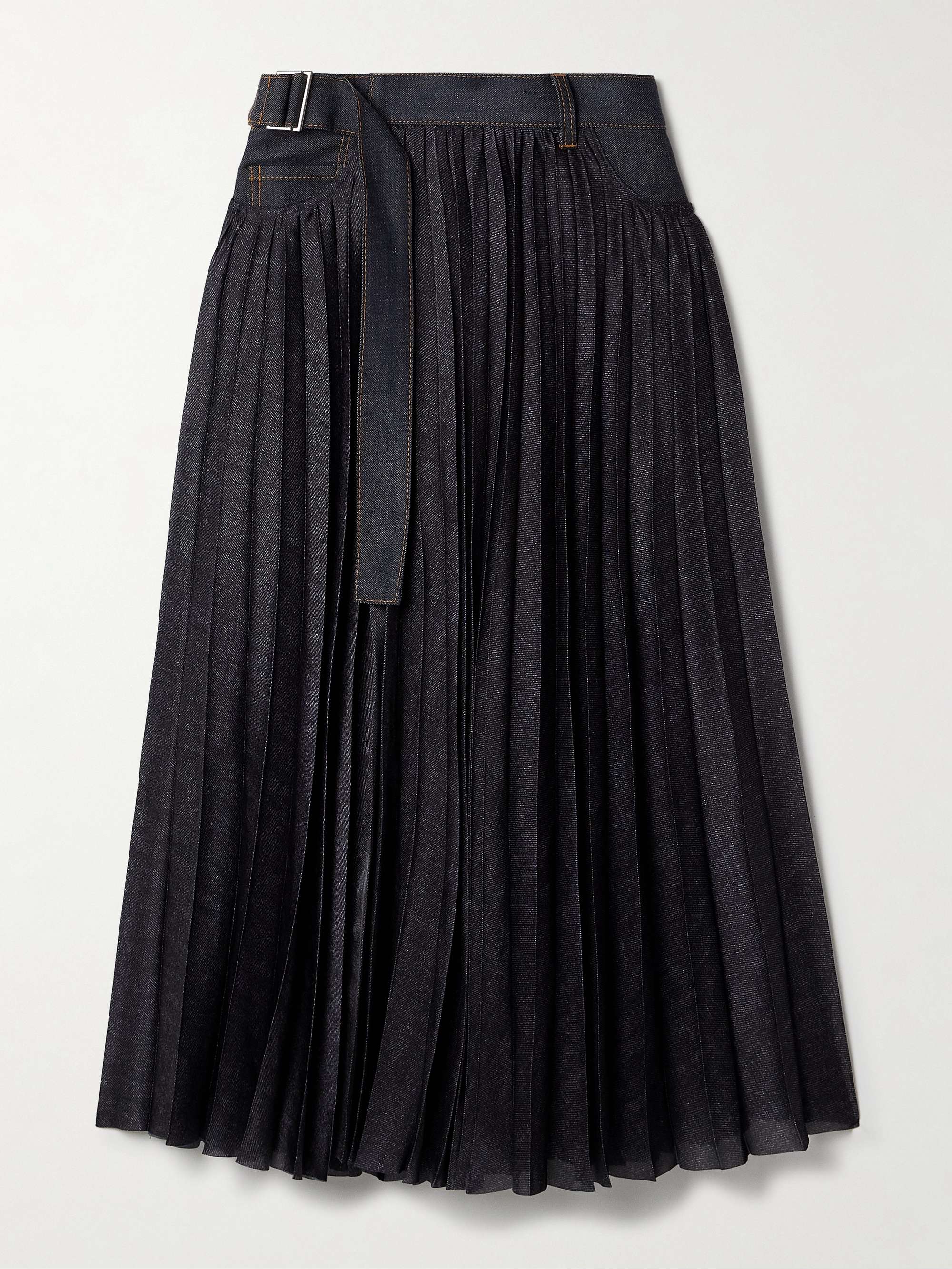 Denim-trimmed pleated printed crepe de chine midi wrap skirt view