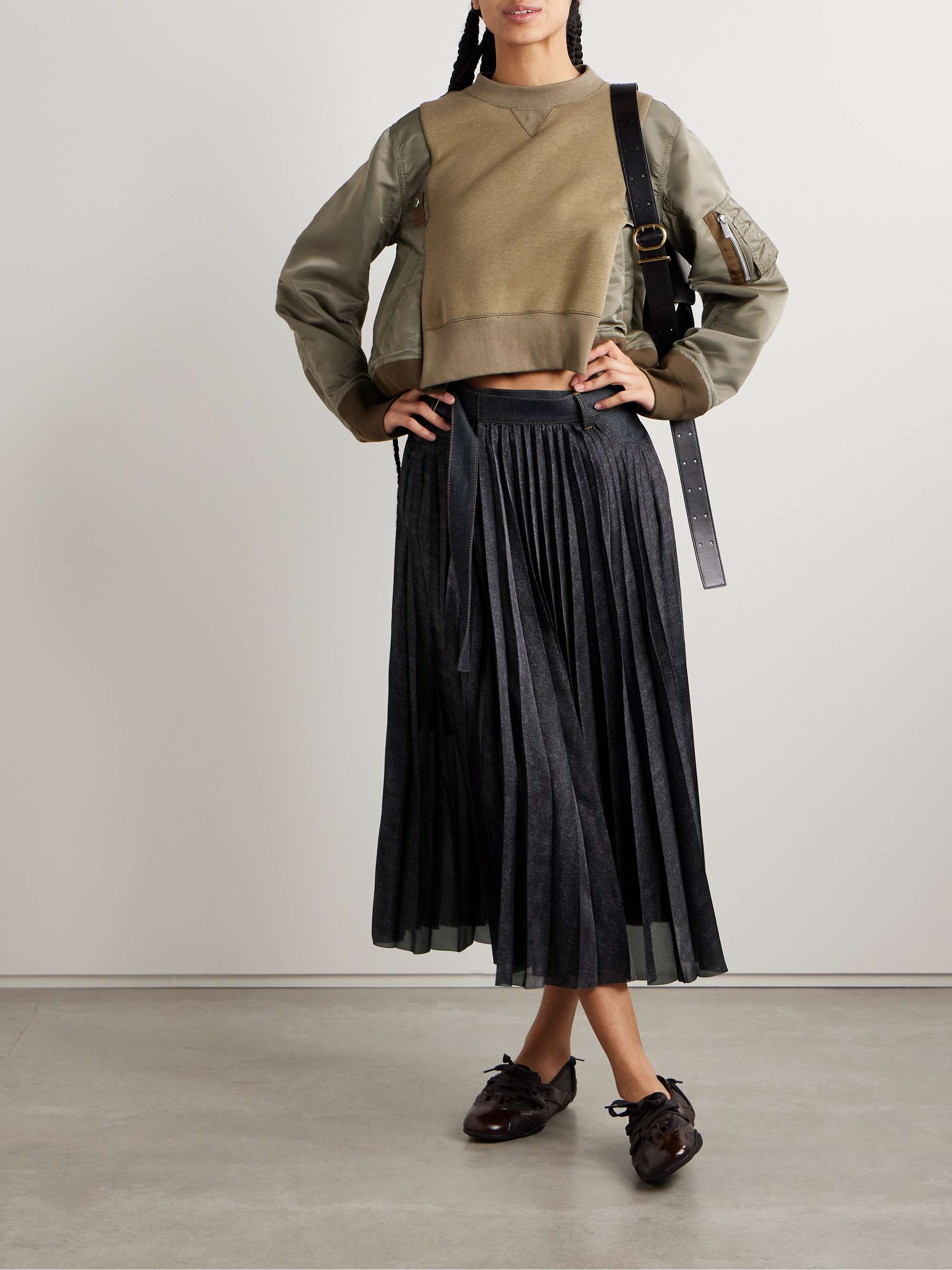 Denim-trimmed pleated printed crepe de chine midi wrap skirt view