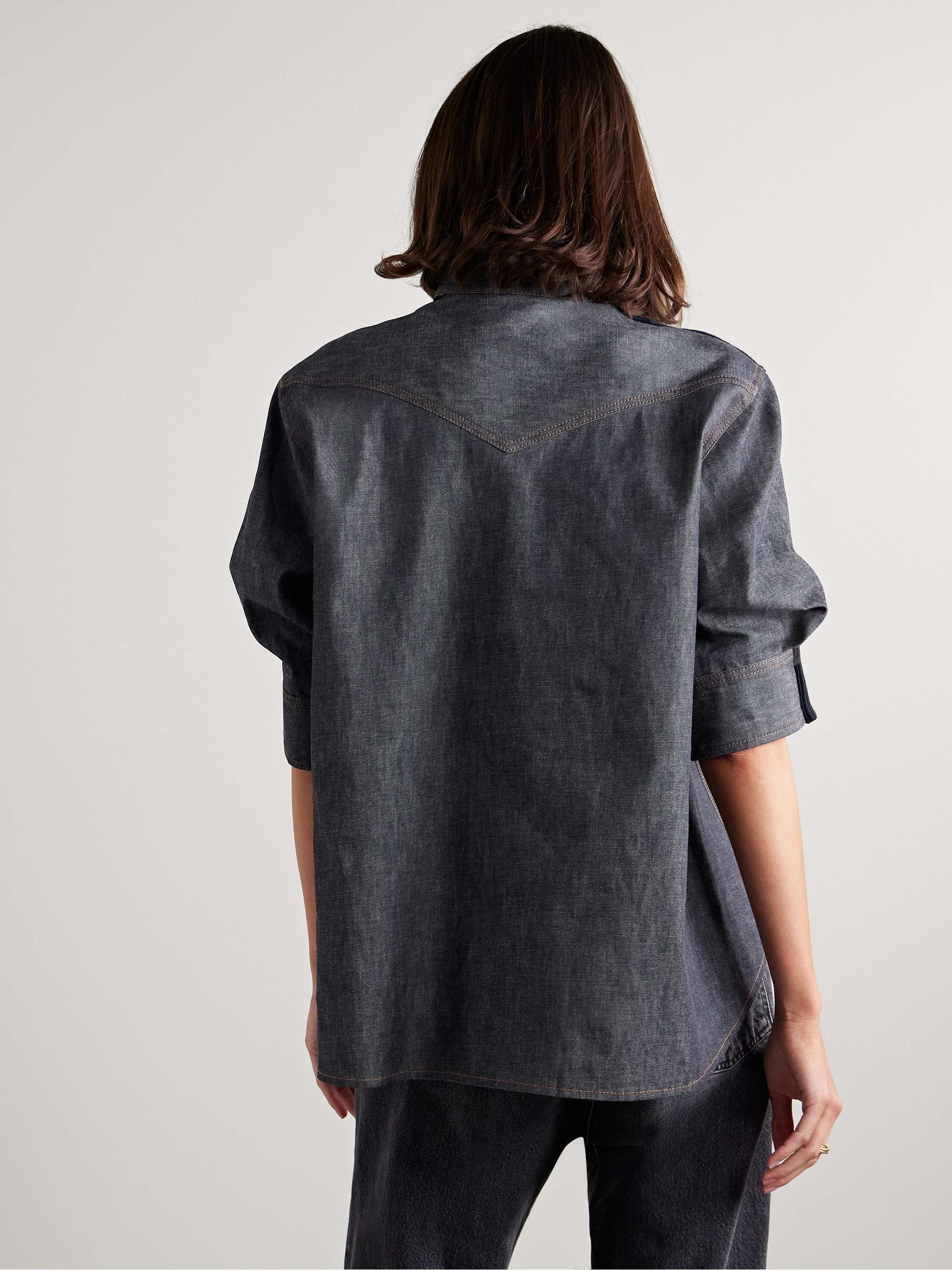 Layered knitted cotton-blend and denim shirt view