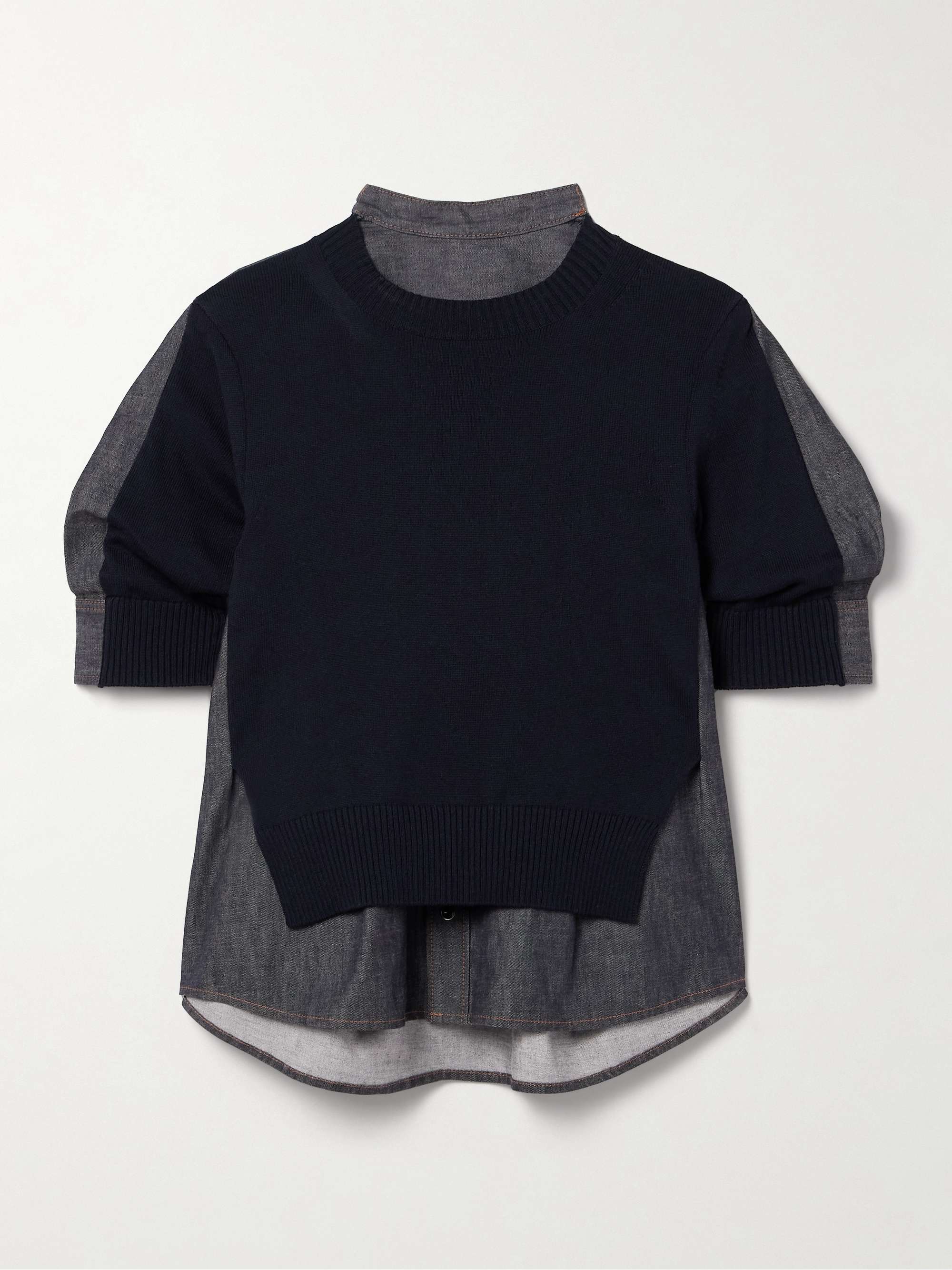 Layered knitted cotton-blend and denim shirt view
