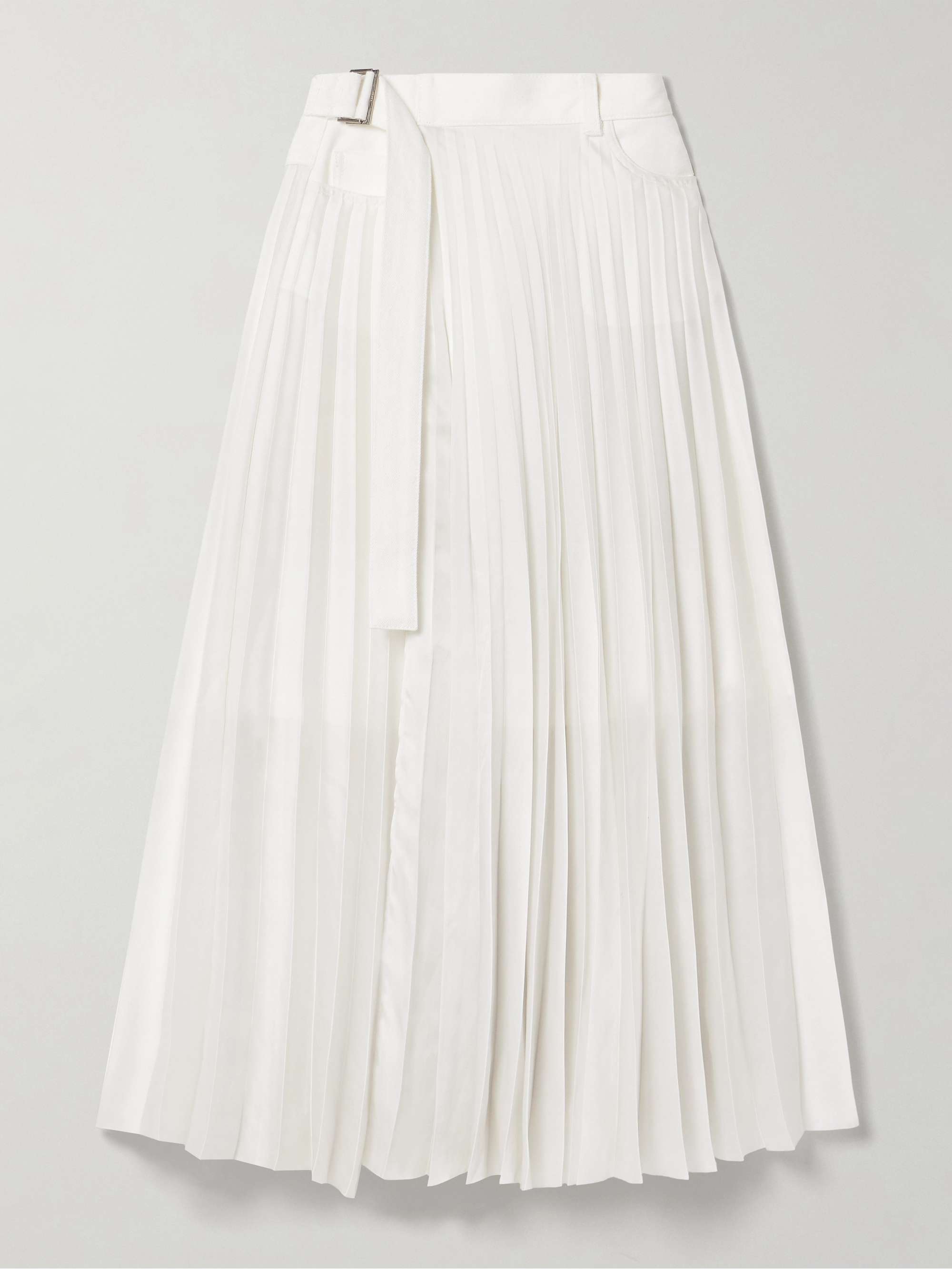Belted denim-trimmed pleated satin midi wrap skirt view