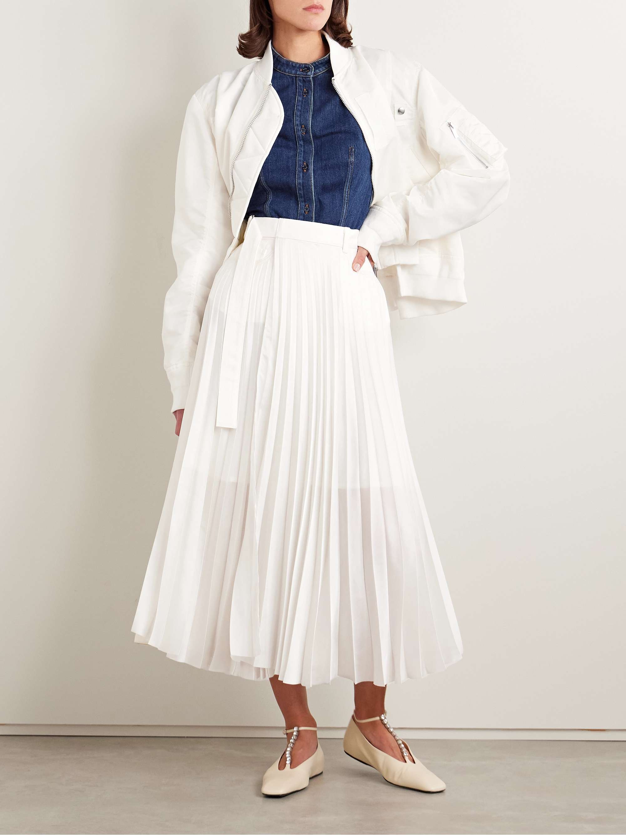 Belted denim-trimmed pleated satin midi wrap skirt view