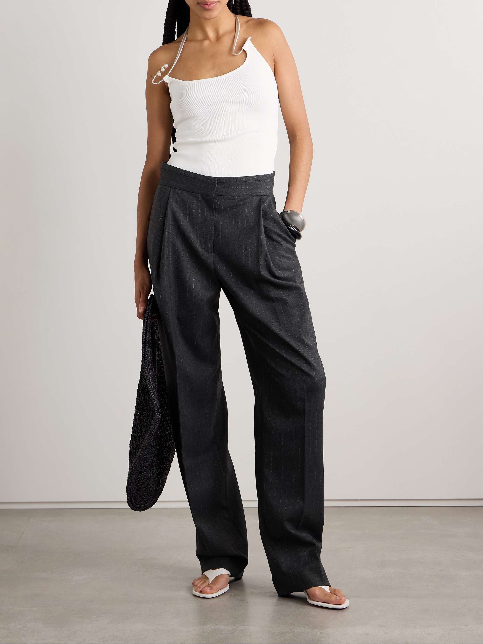 Pleated pinstriped twill straight-leg pants view