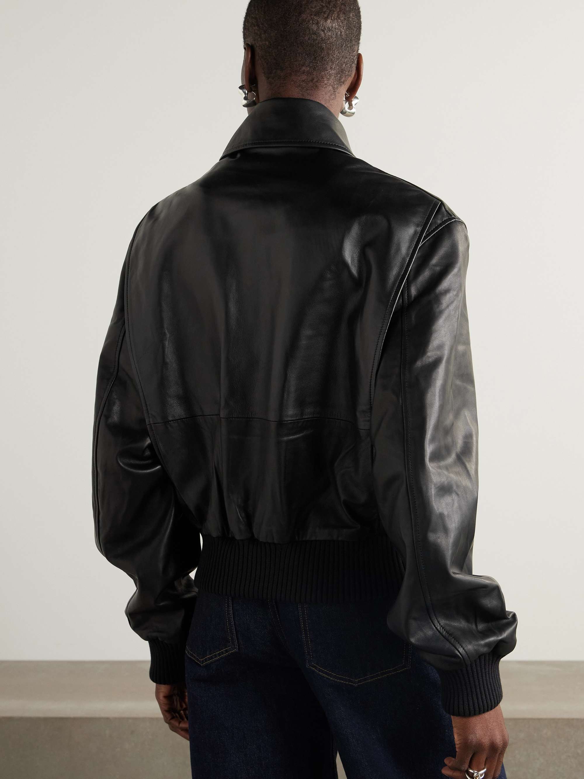 Embellished leather bomber jacket view