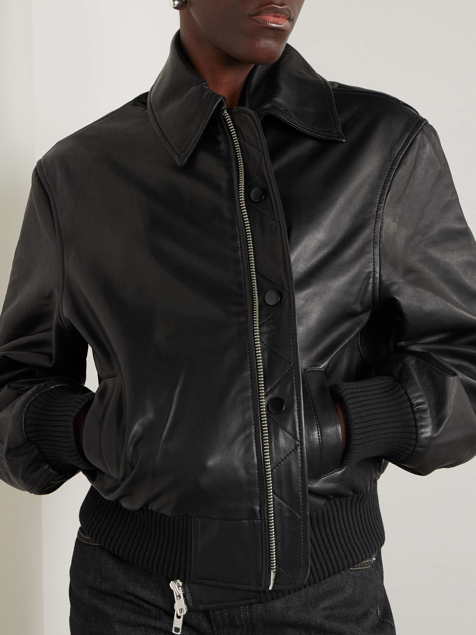 Embellished leather bomber jacket view