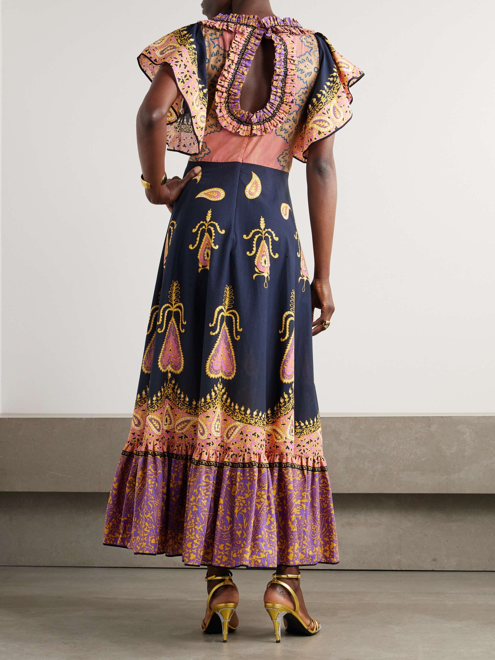 Ruched tiered paisley-print cotton-muslin midi dress view