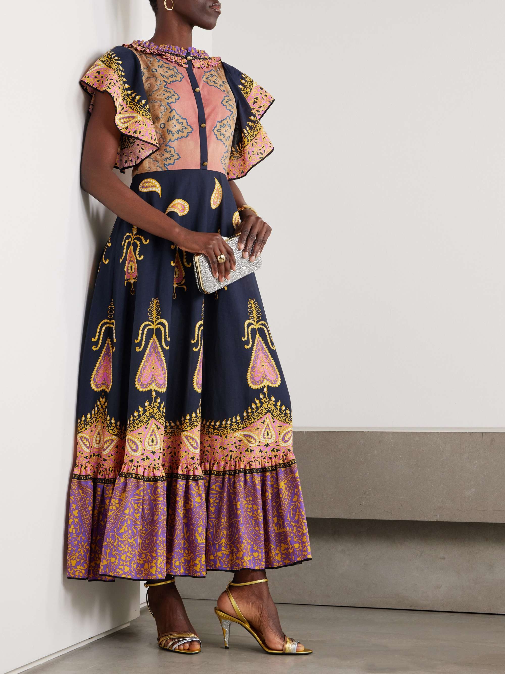Ruched tiered paisley-print cotton-muslin midi dress view