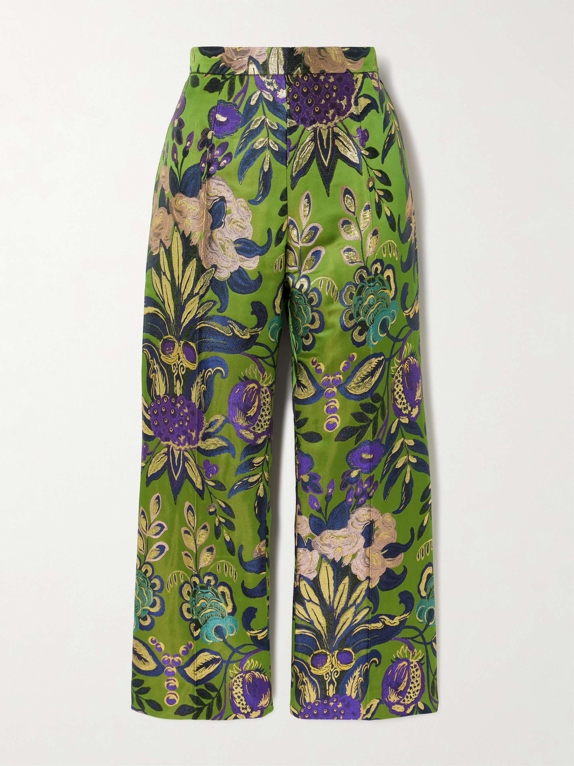 Floral-print metallic jacquard straight-leg pants view
