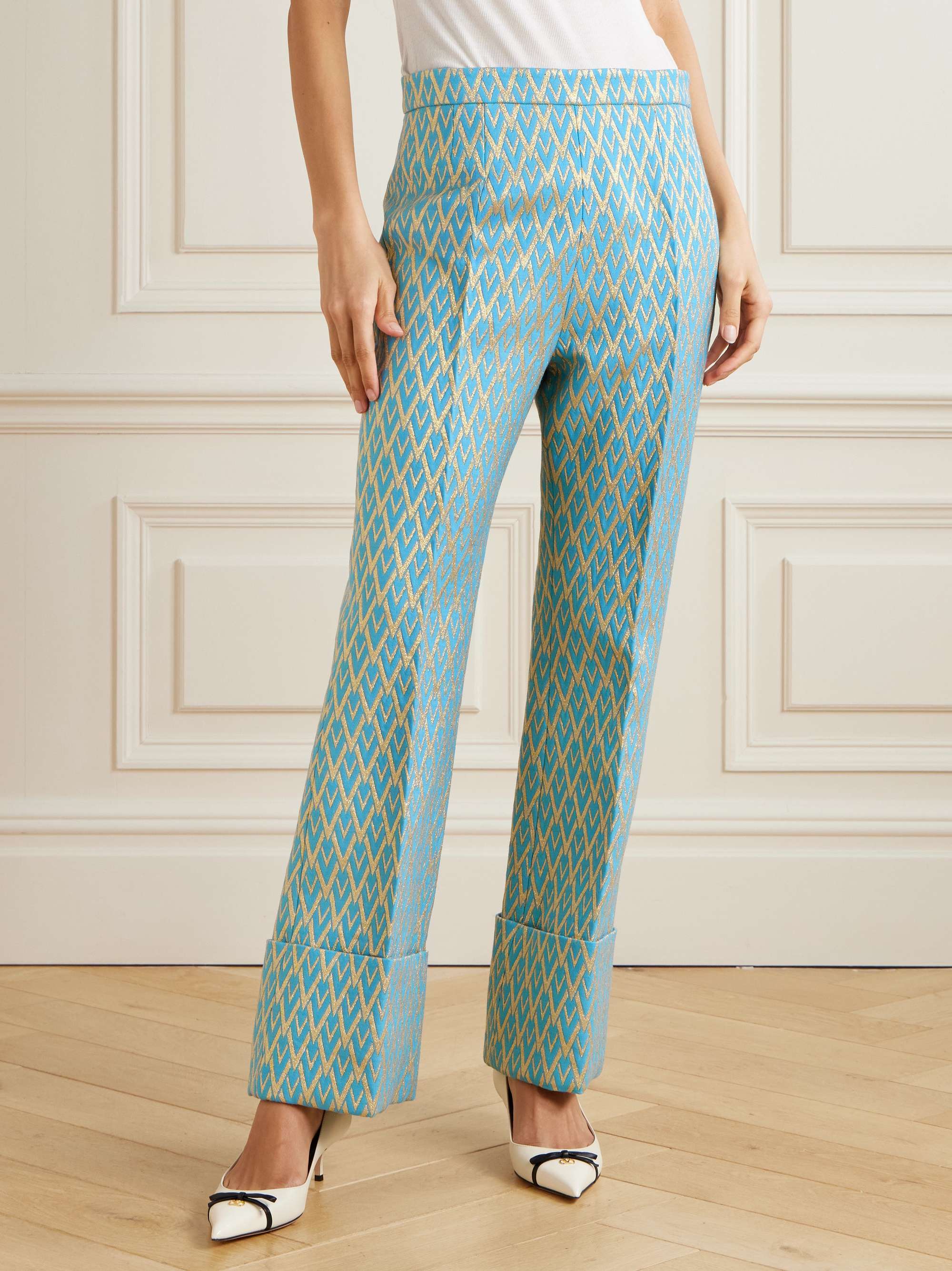 Metallic wool-blend jacquard wide-leg pants view