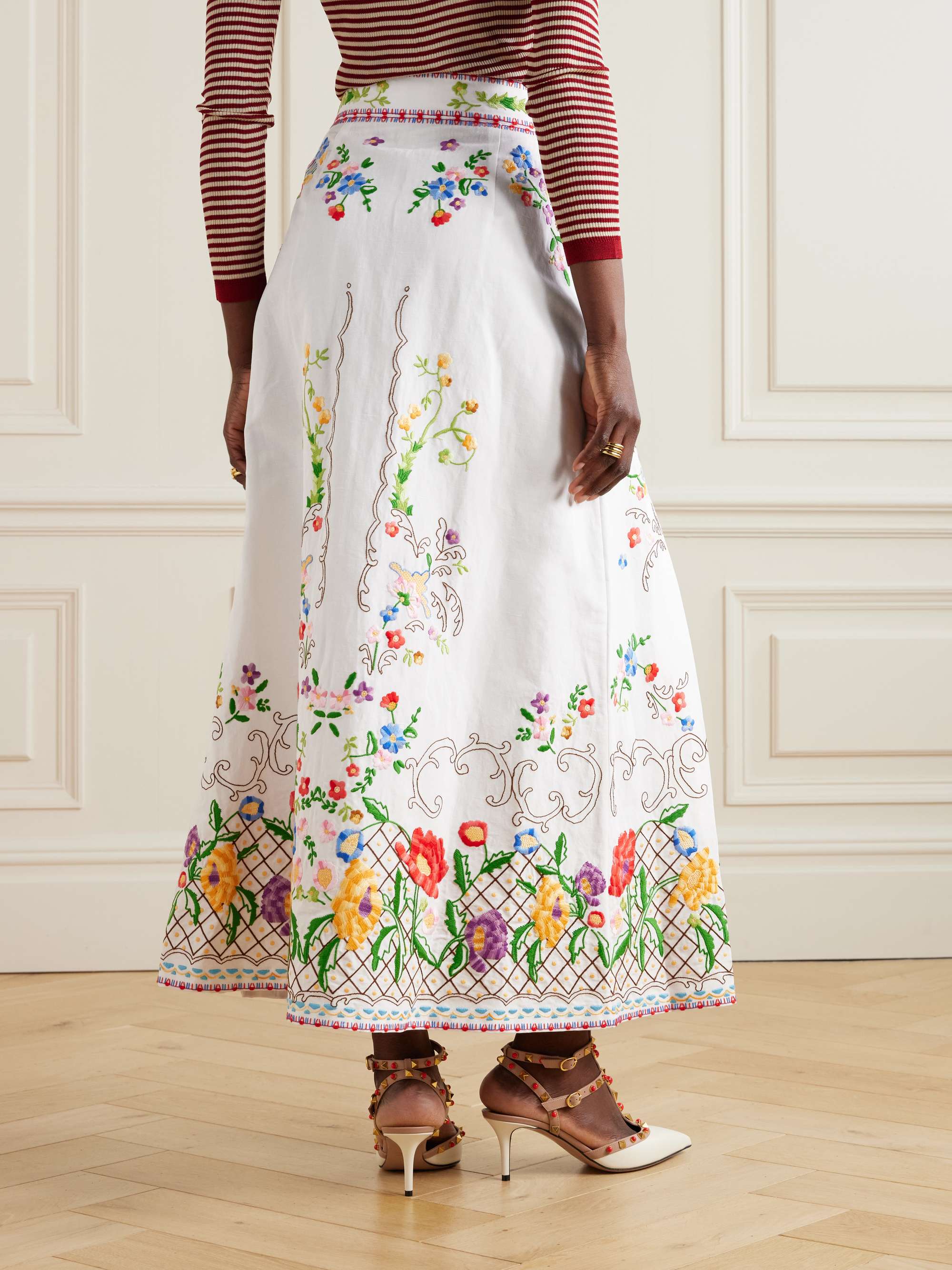 Pleated embroidered cotton, linen and silk-blend midi skirt view