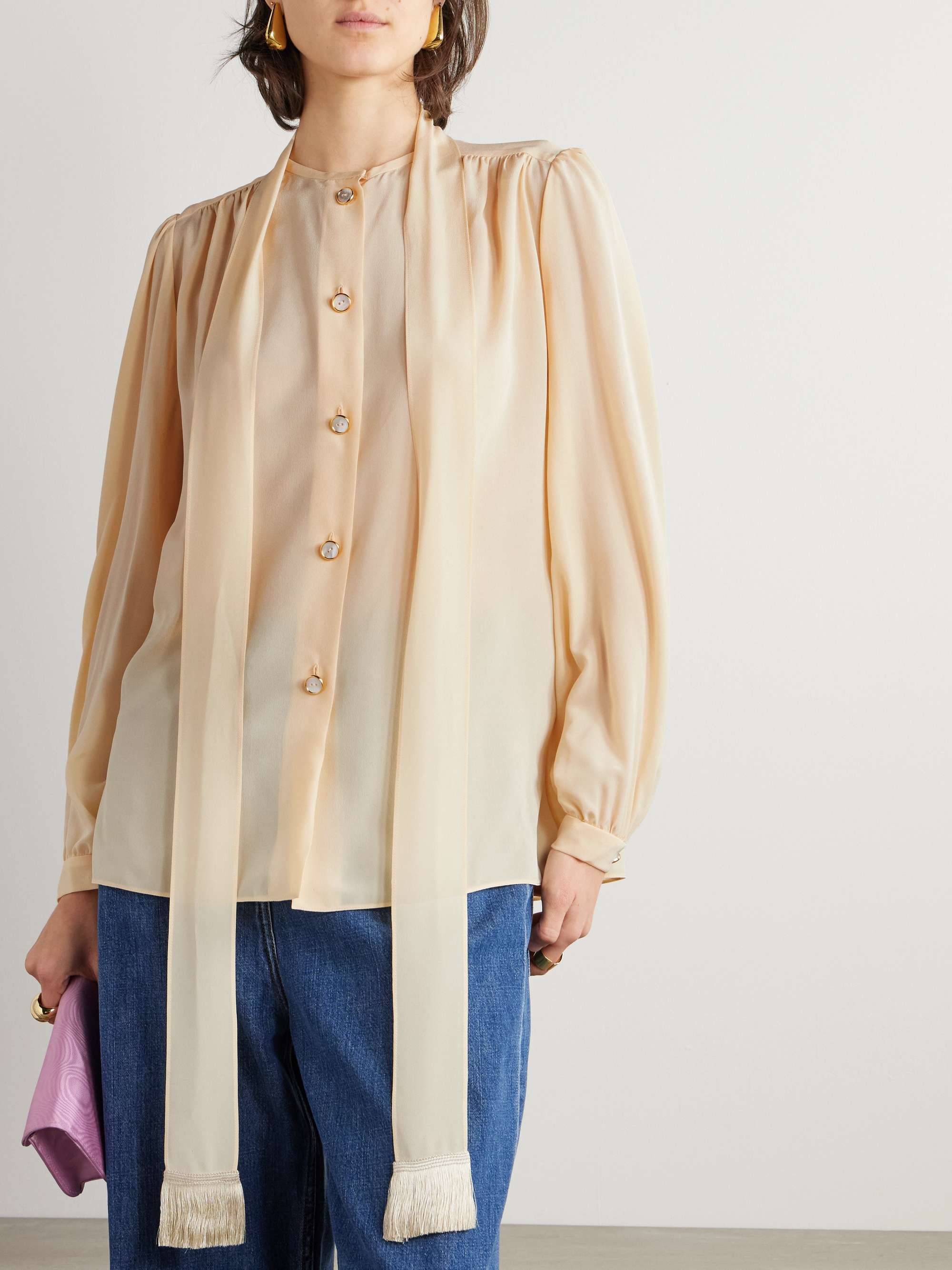 Fringed pussy-bow silk-chiffon shirt view