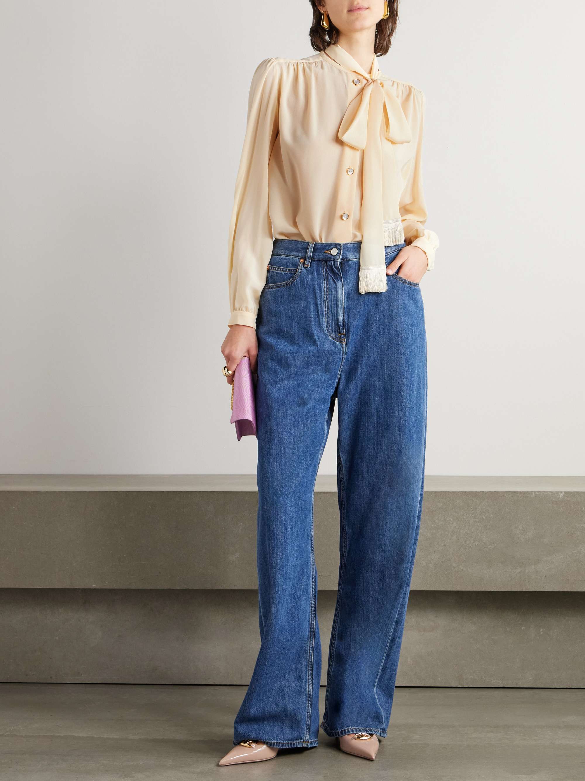 Fringed pussy-bow silk-chiffon shirt view