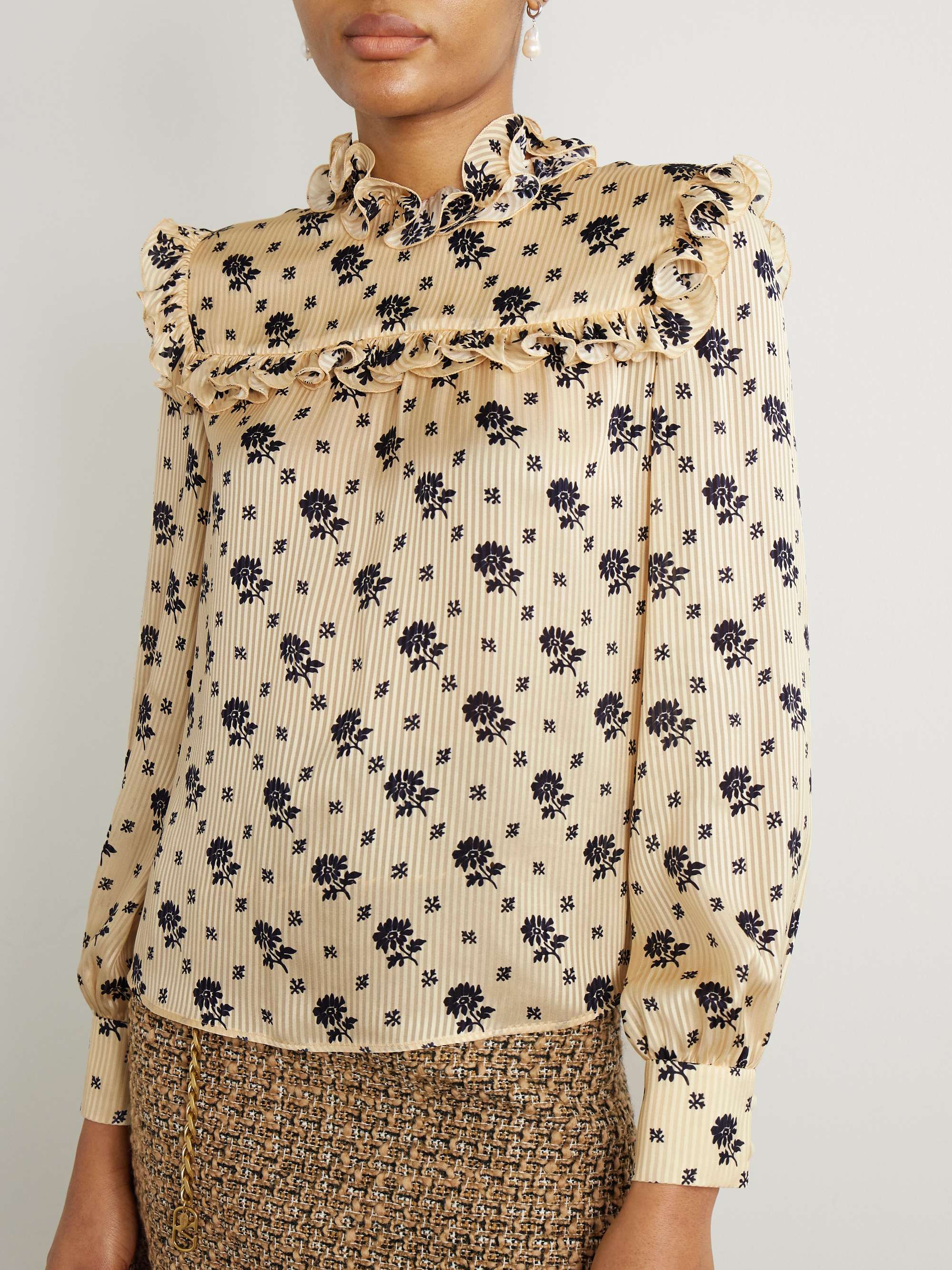 Ruffled printed striped silk-jacquard blouse view