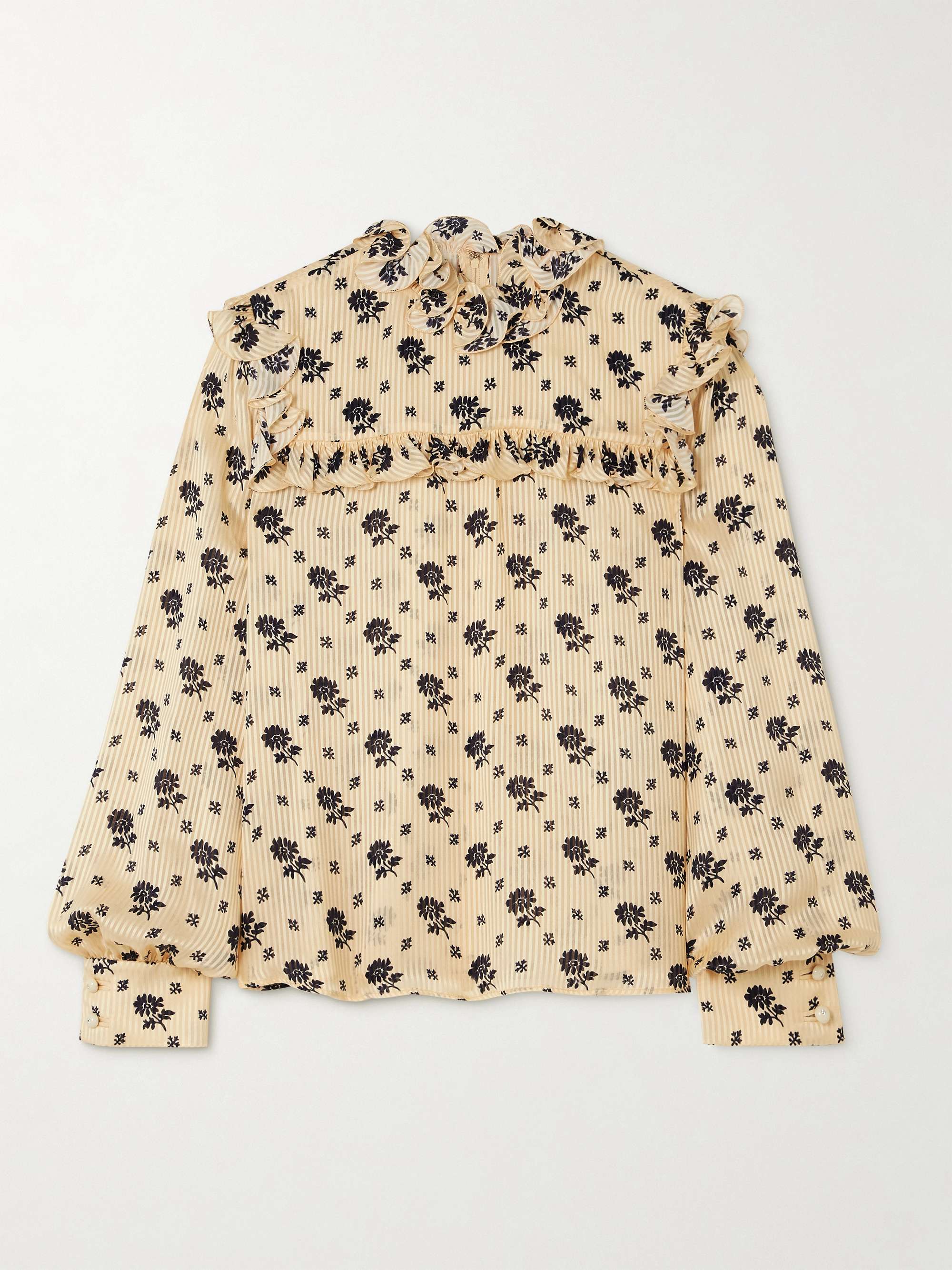 Ruffled printed striped silk-jacquard blouse view