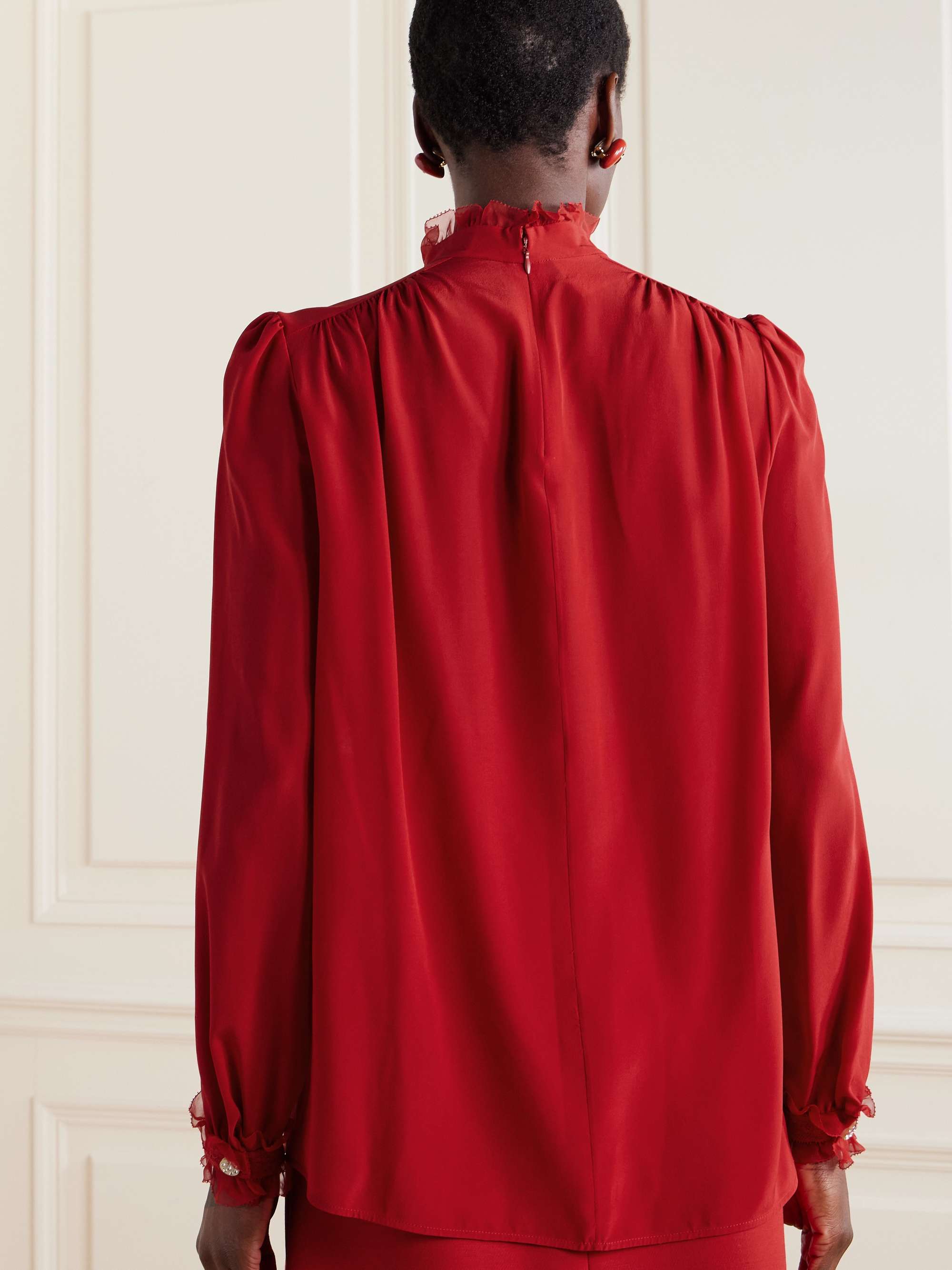 Ruffled pintucked lace-trimmed silk crepe de chine blouse view