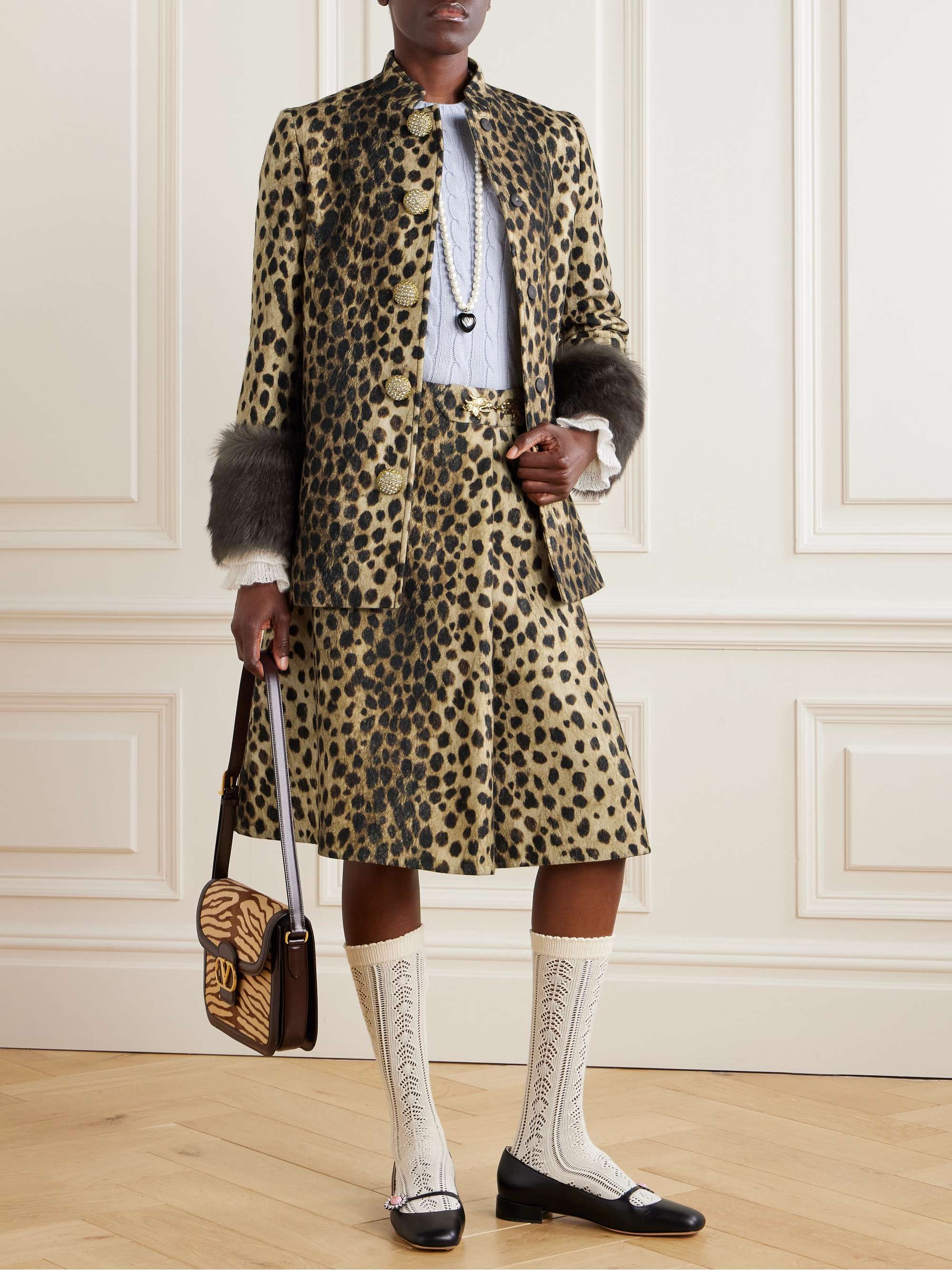 Leopard-print plush-trimmed wool-felt jacket view
