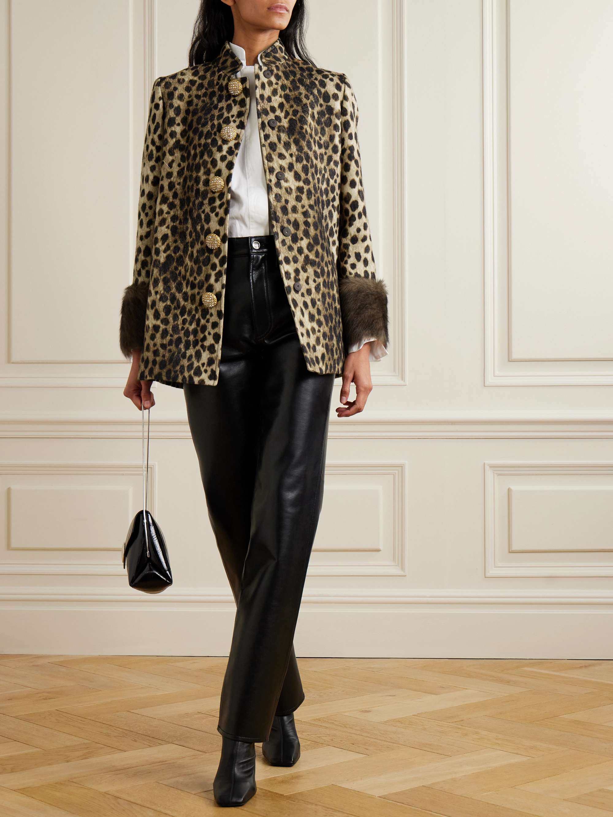 Leopard-print plush-trimmed wool-felt jacket view