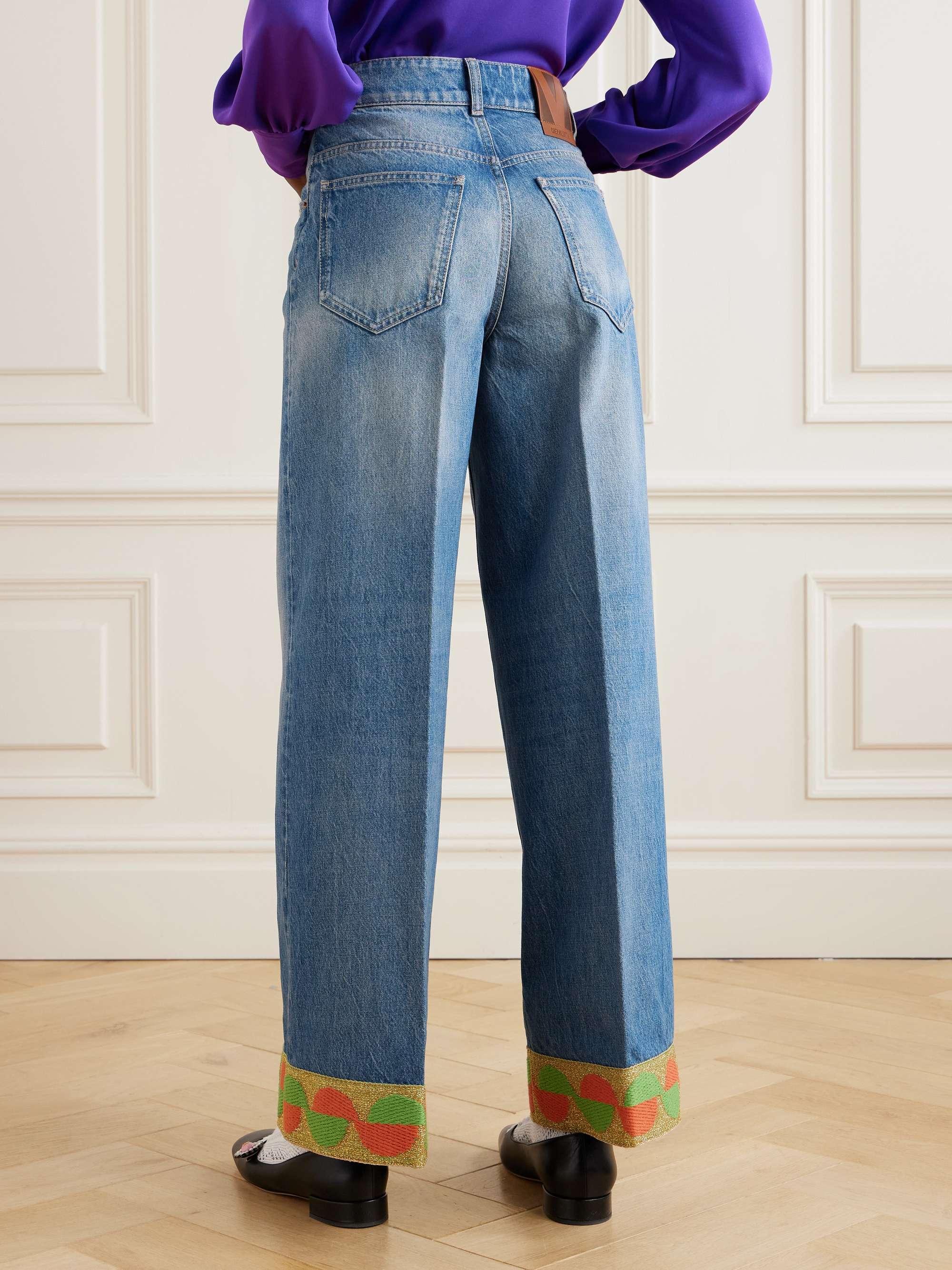 Metallic jacquard-trimmed high-rise wide-leg jeans view