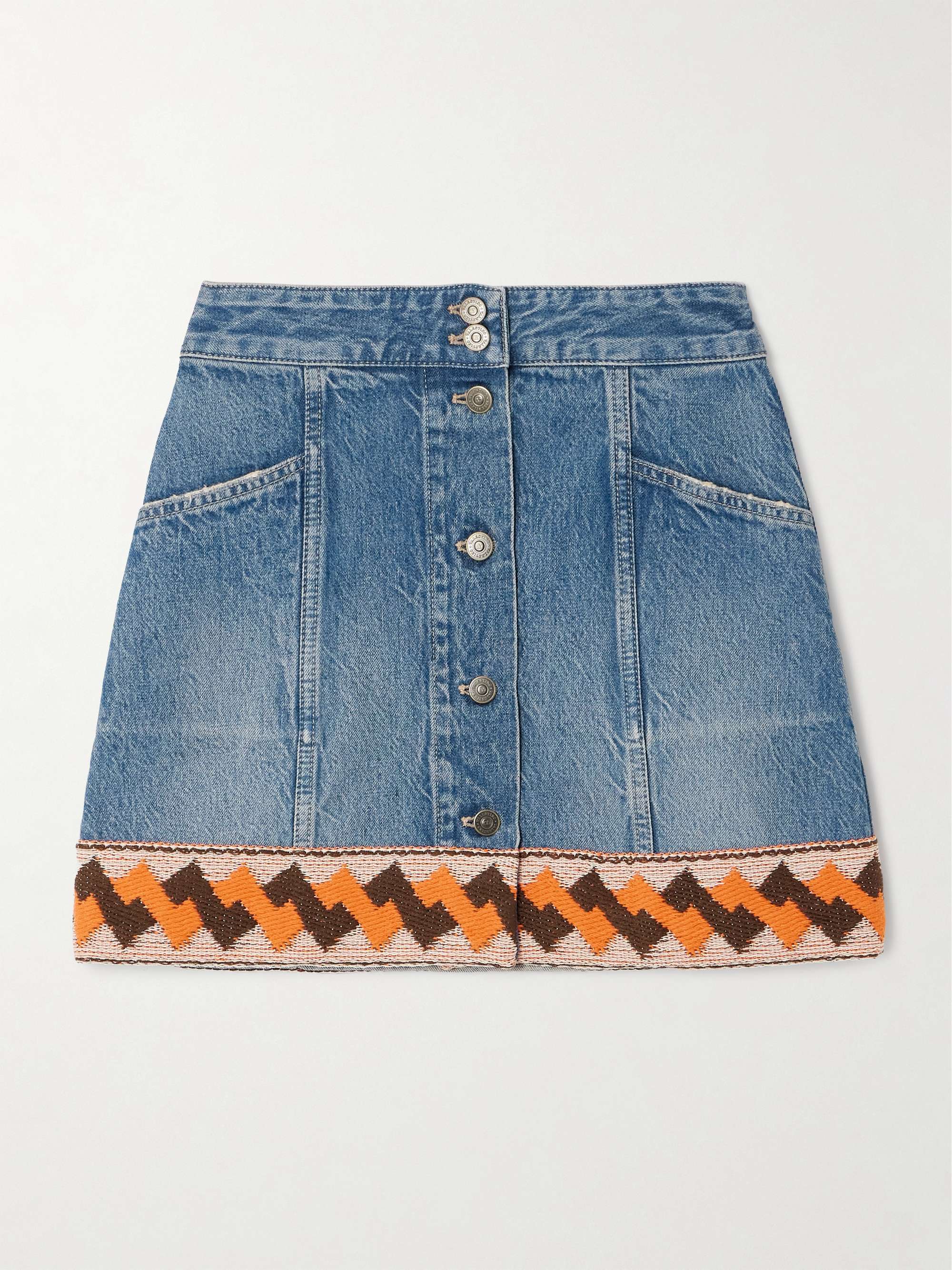 Jacquard-trimmed paneled denim mini skirt view